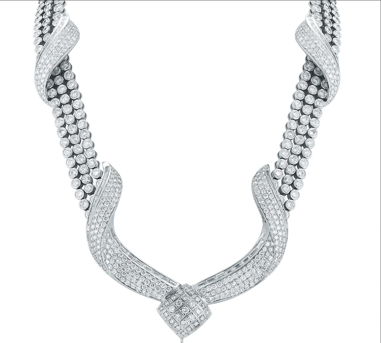 Modern Spectacular 63 Cts Diamond Necklace In 18K White Gold For Sale