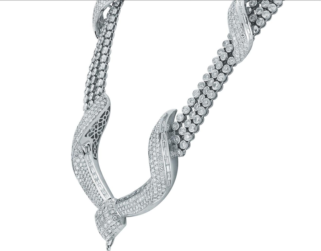 Round Cut Spectacular 63 Cts Diamond Necklace In 18K White Gold For Sale