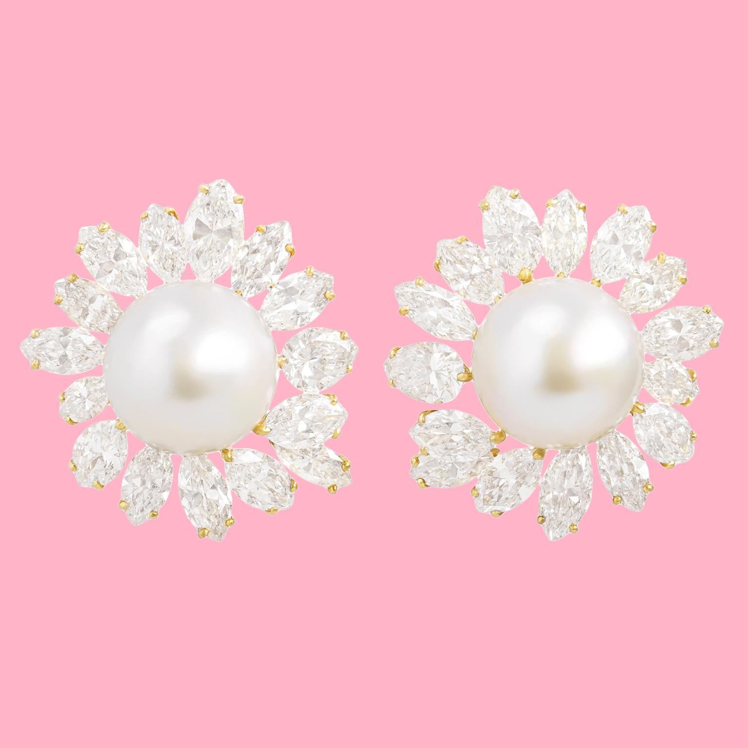 Cabochon Spectacular Diamond and Pearl-set Gold Earrings For Sale