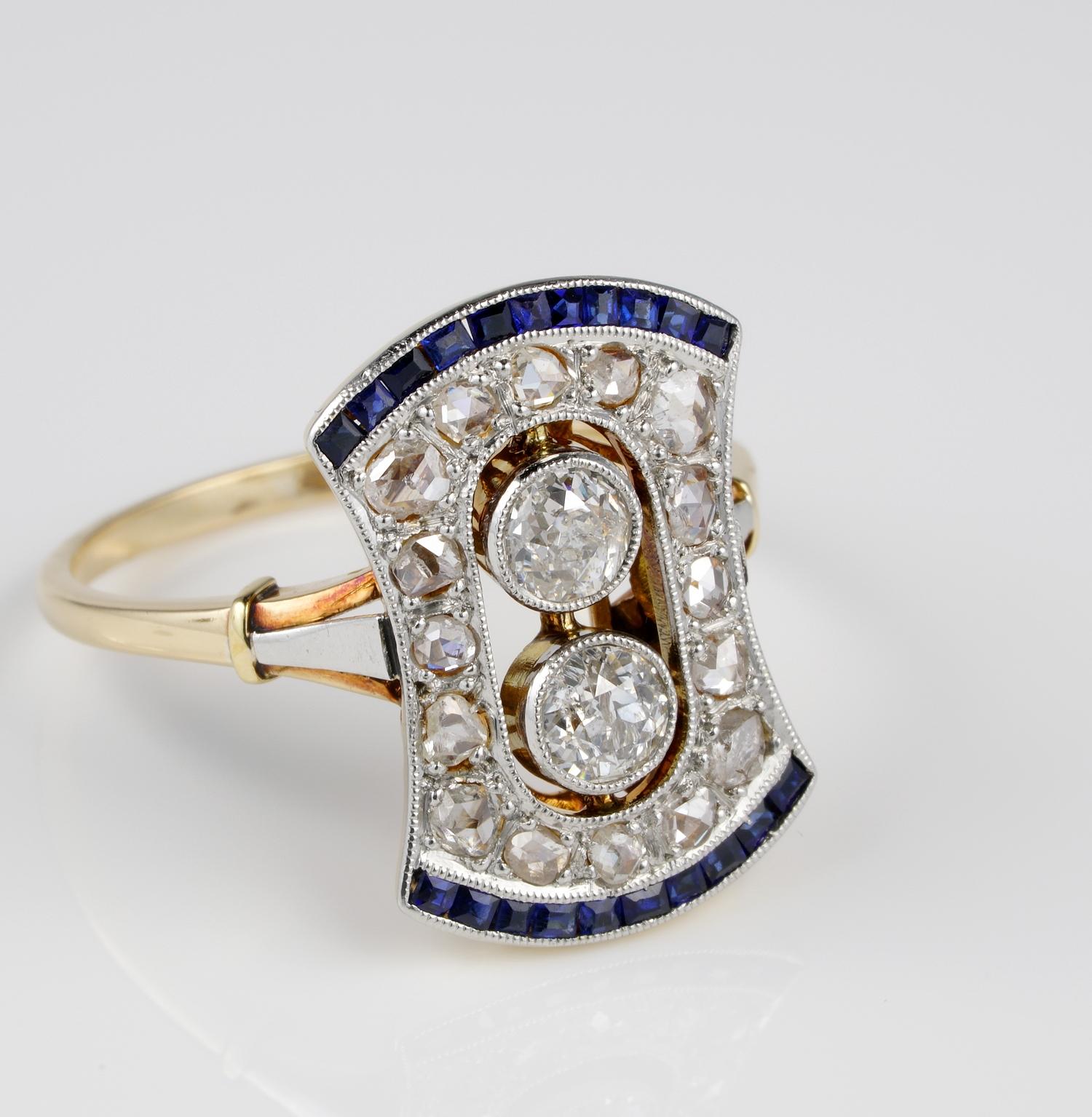 Striking and Dramatic 1910 ca

Quintessential, authentic, Edwardian ring, with charming design and gorgeous colour contrast
Very finely hand crafted during the very beginning of 1900 of 18 KT gold with Platinum top – tested
Flat profile of