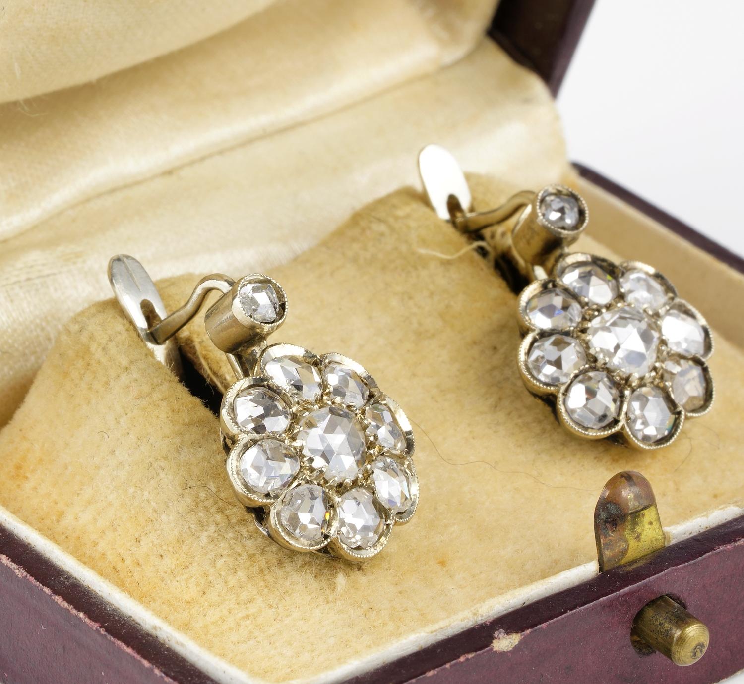 Spectacular Edwardian Rose Cut Diamond Rare Drop Earrings In Good Condition For Sale In Napoli, IT