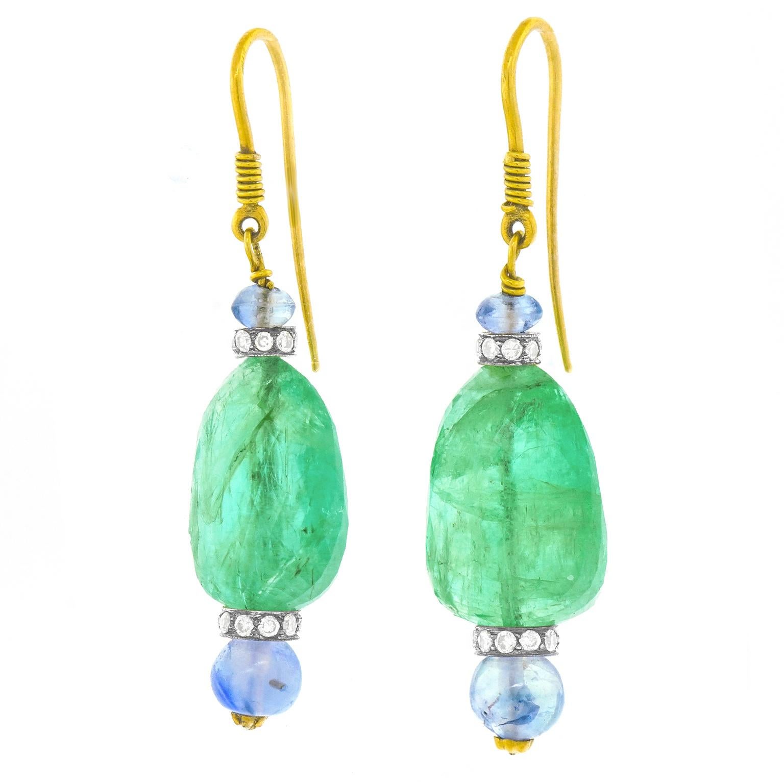 Cabochon Spectacular Emerald and Sapphire Gold Earrings For Sale