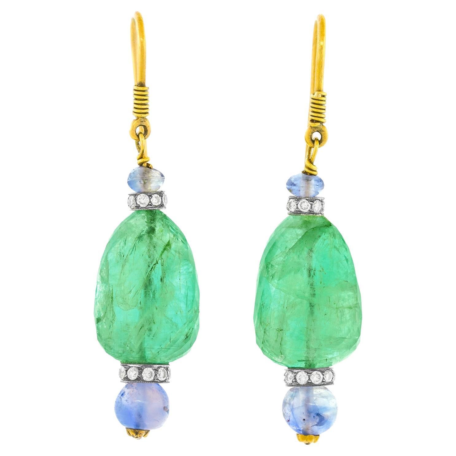 Spectacular Emerald and Sapphire Gold Earrings For Sale