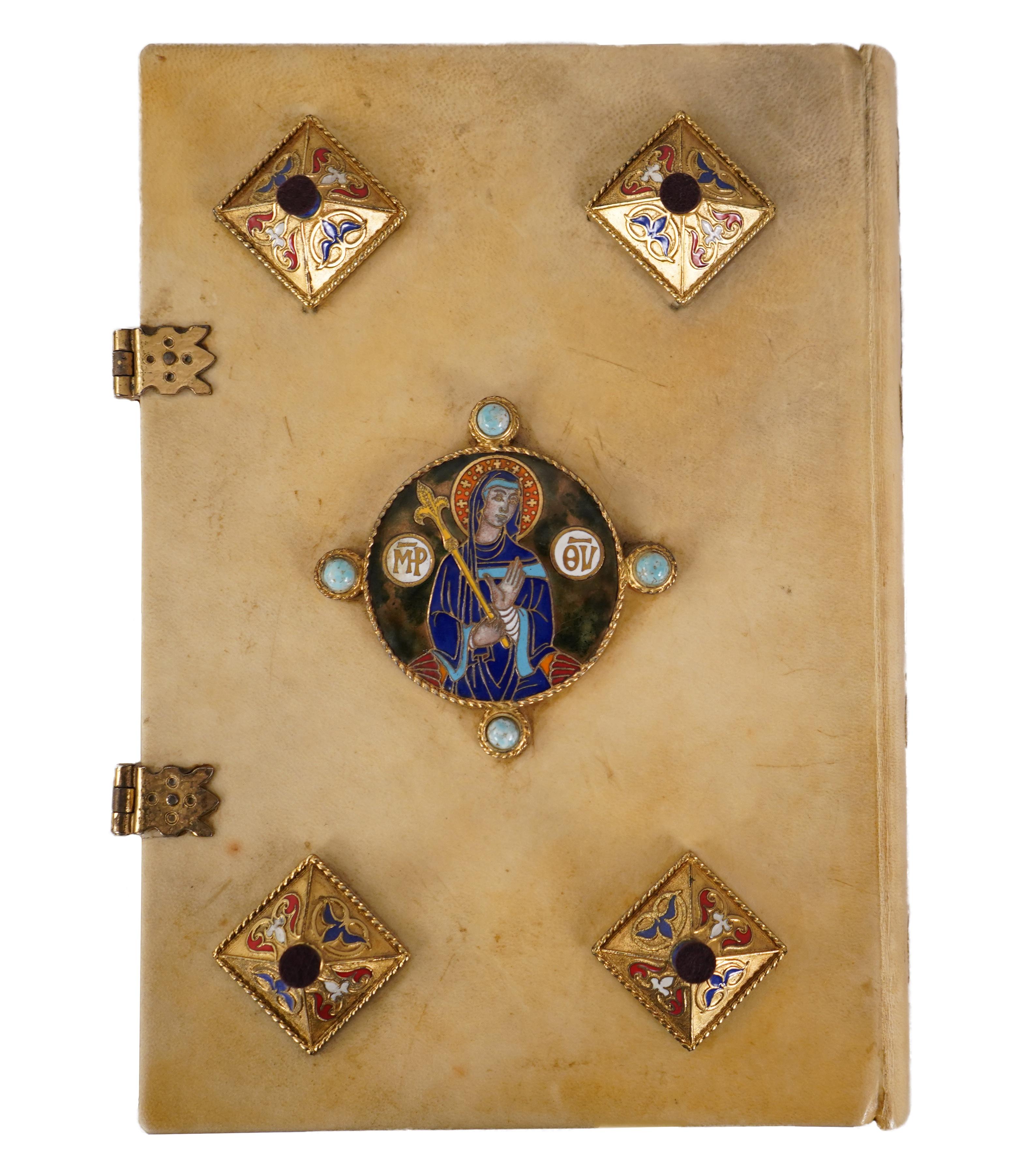 Comprising a finely crafted and highly ornate vellum enameled and cabochon decorated bible cover. The front cover mounted with a rectangular enameled plaque of Christ bordered in pearls and the corners with cabochons. Surrounding Christ are four