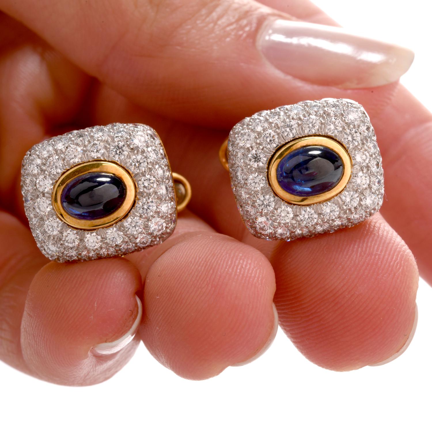 This Spectacular pair of Cufflinks boasts of Style for the gentleman wearing them.

Featuring an oval cabochon cut Sapphire in each measuring appx. 4.3 x 6.44,  bright white pave set Diamonds cover the remaining surface of these 18K and Platinum