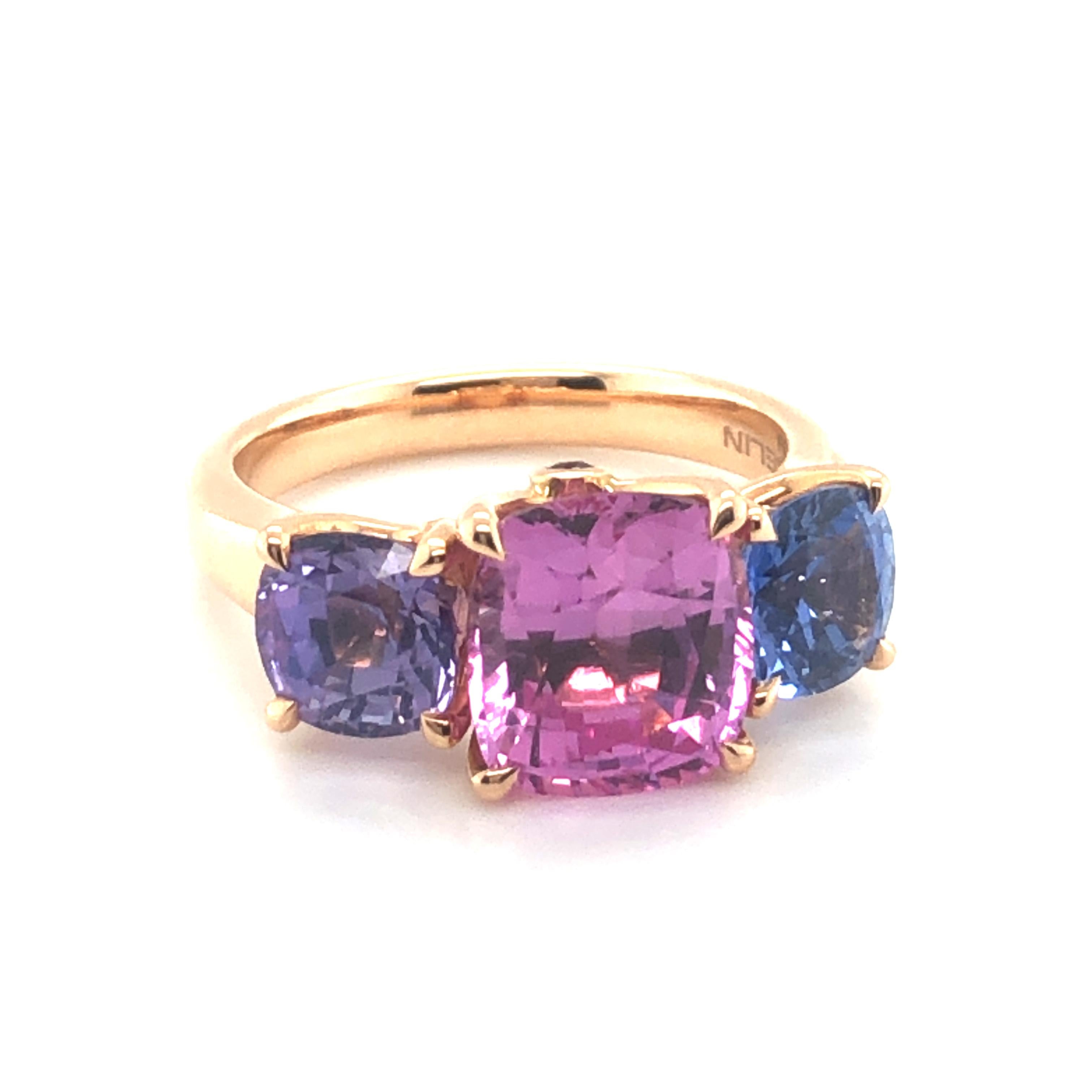 This unique trilogy ring from well-known jeweller Gübelin in Lucerne is set with three sparkling sapphires - one pink, one purple and one blue. A combination that enchants instantly!

The handcrafted setting in 18 karat rose gold is set with the
