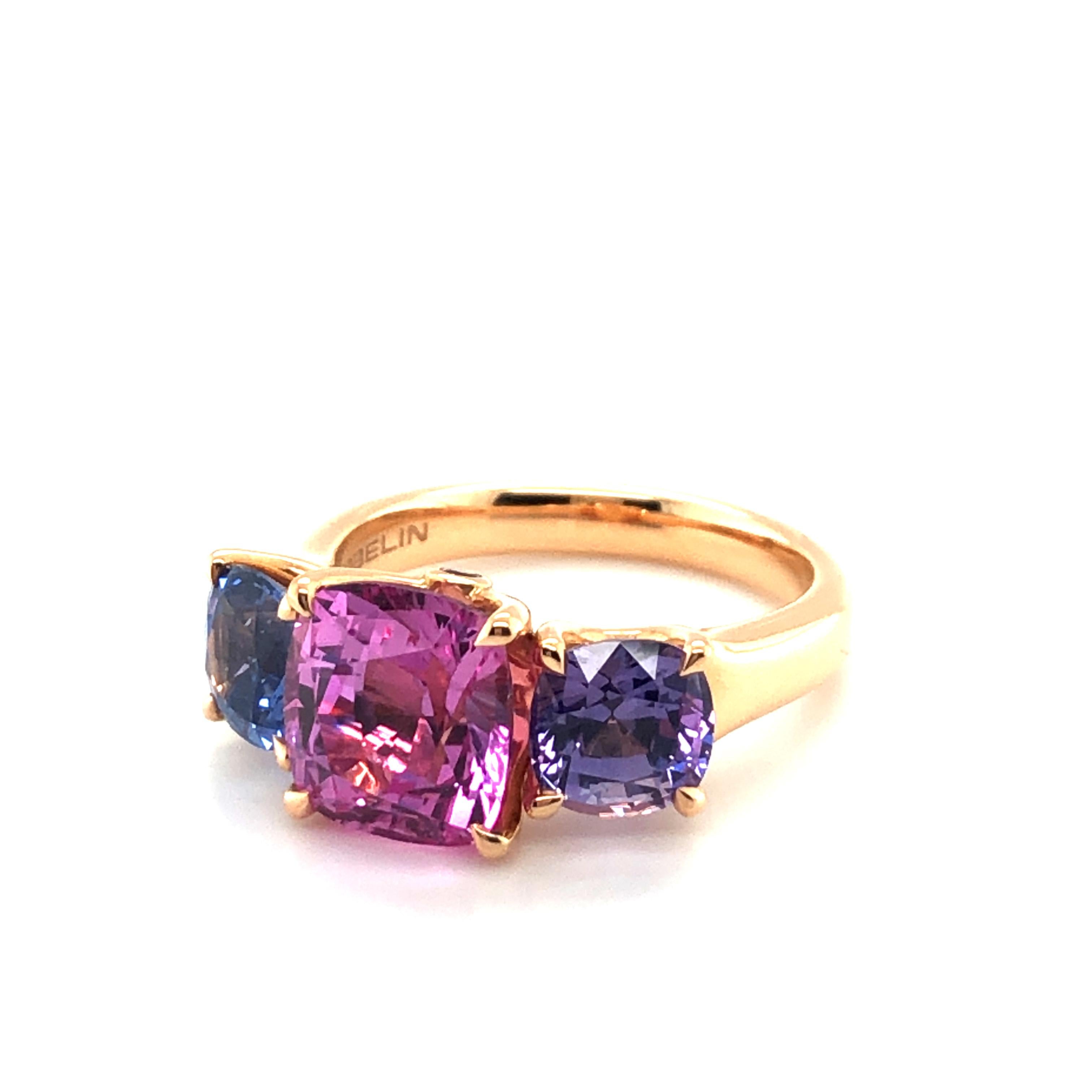 Contemporary Spectacular Fancy Sapphire Trilogy Ring by Gübelin in 18 Karat Rose Gold For Sale