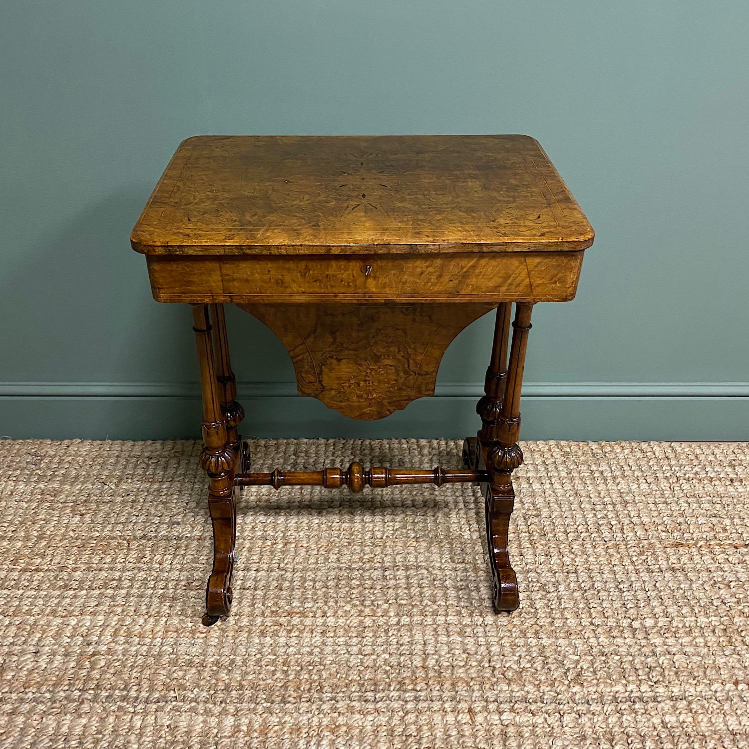 Spectacular Figured Walnut Inlaid Victorian Antique Work Box / Side Table For Sale 4