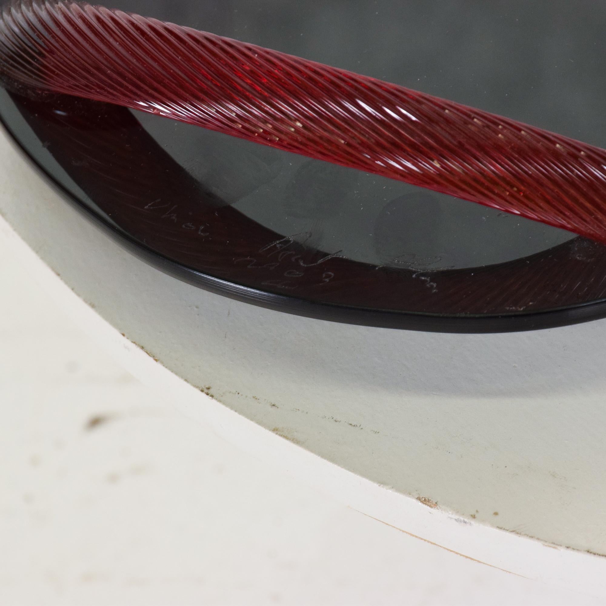 1990s Post Modern Flair Footed Serving Tray Smoke Glass with Ruby Red Handles 4