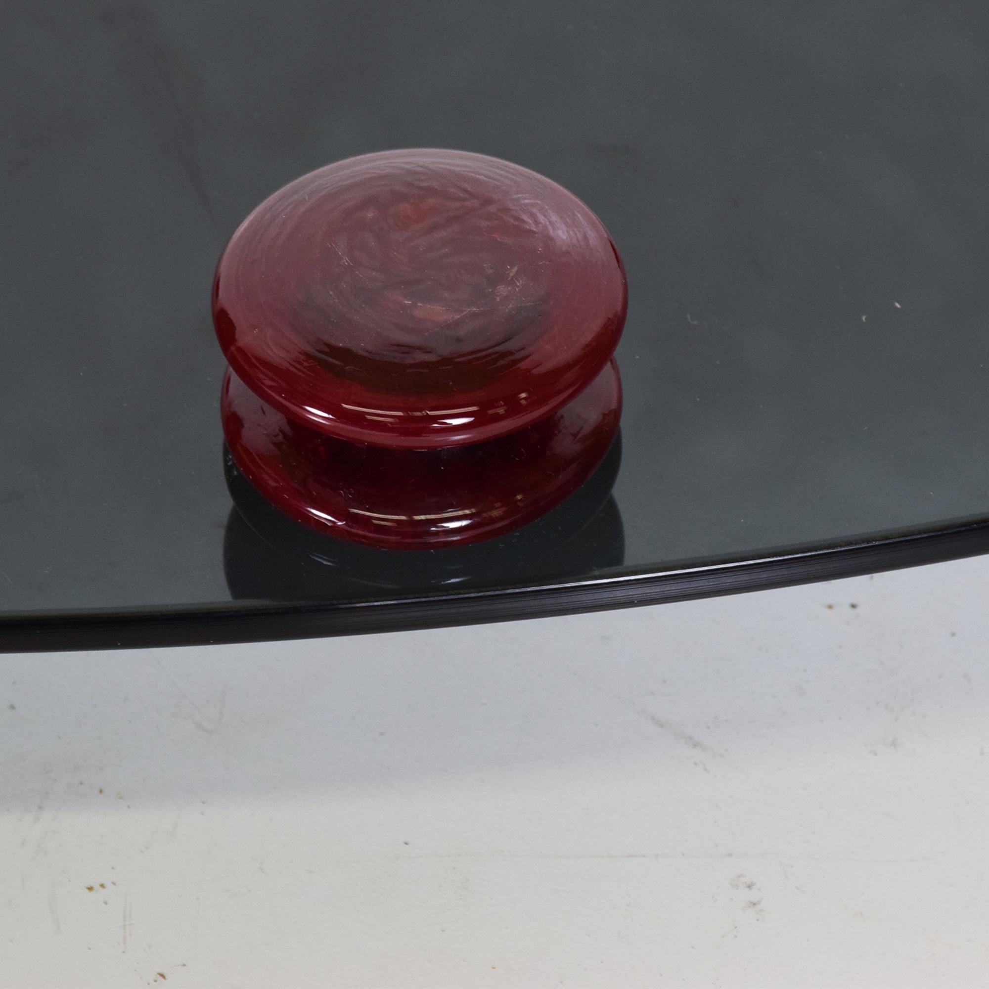 1990s Post Modern Flair Footed Serving Tray Smoke Glass with Ruby Red Handles 3