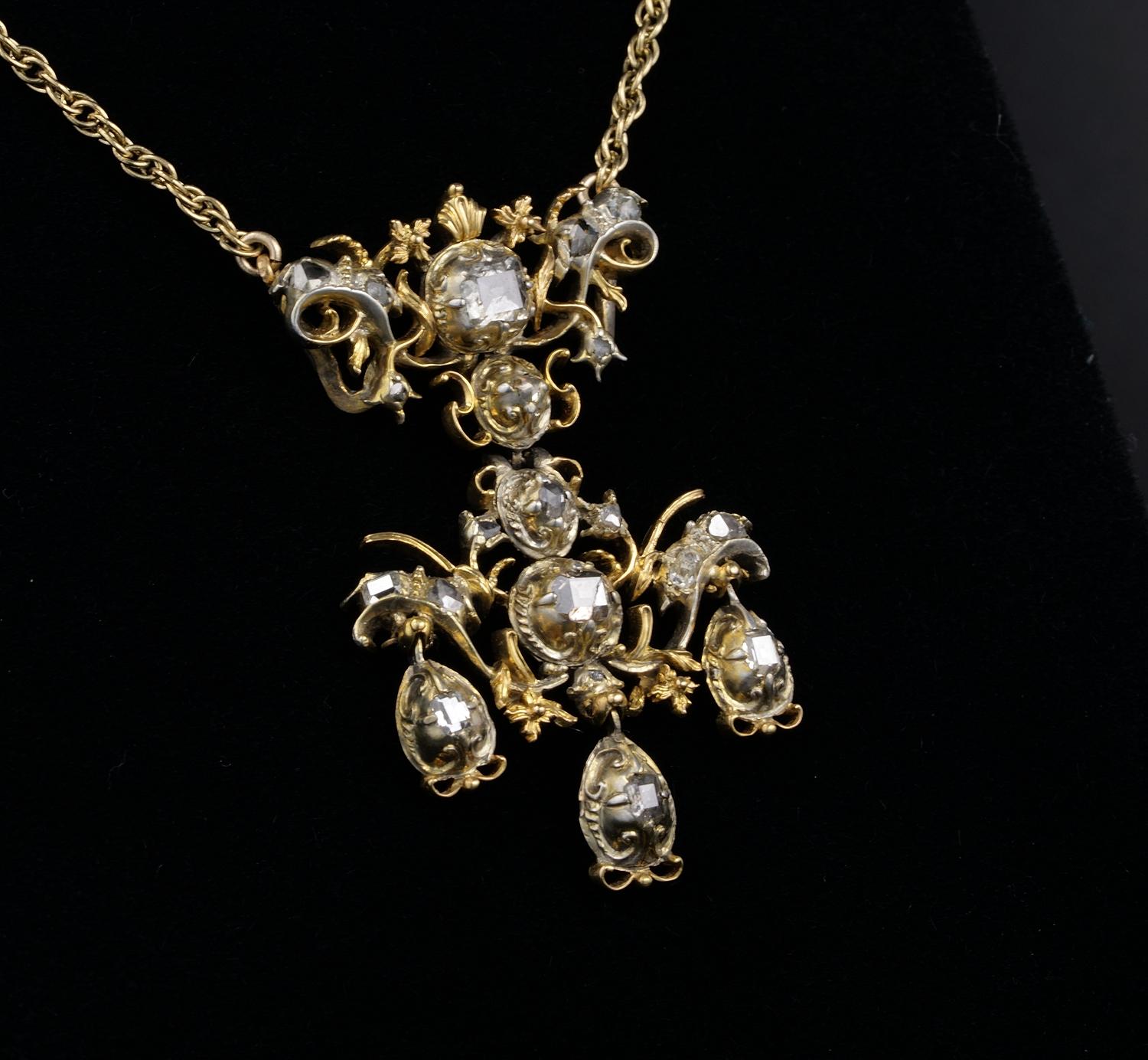 Renaissance Spectacular Flaming Table Cut Diamond Stomacher Pendant Necklace For Sale