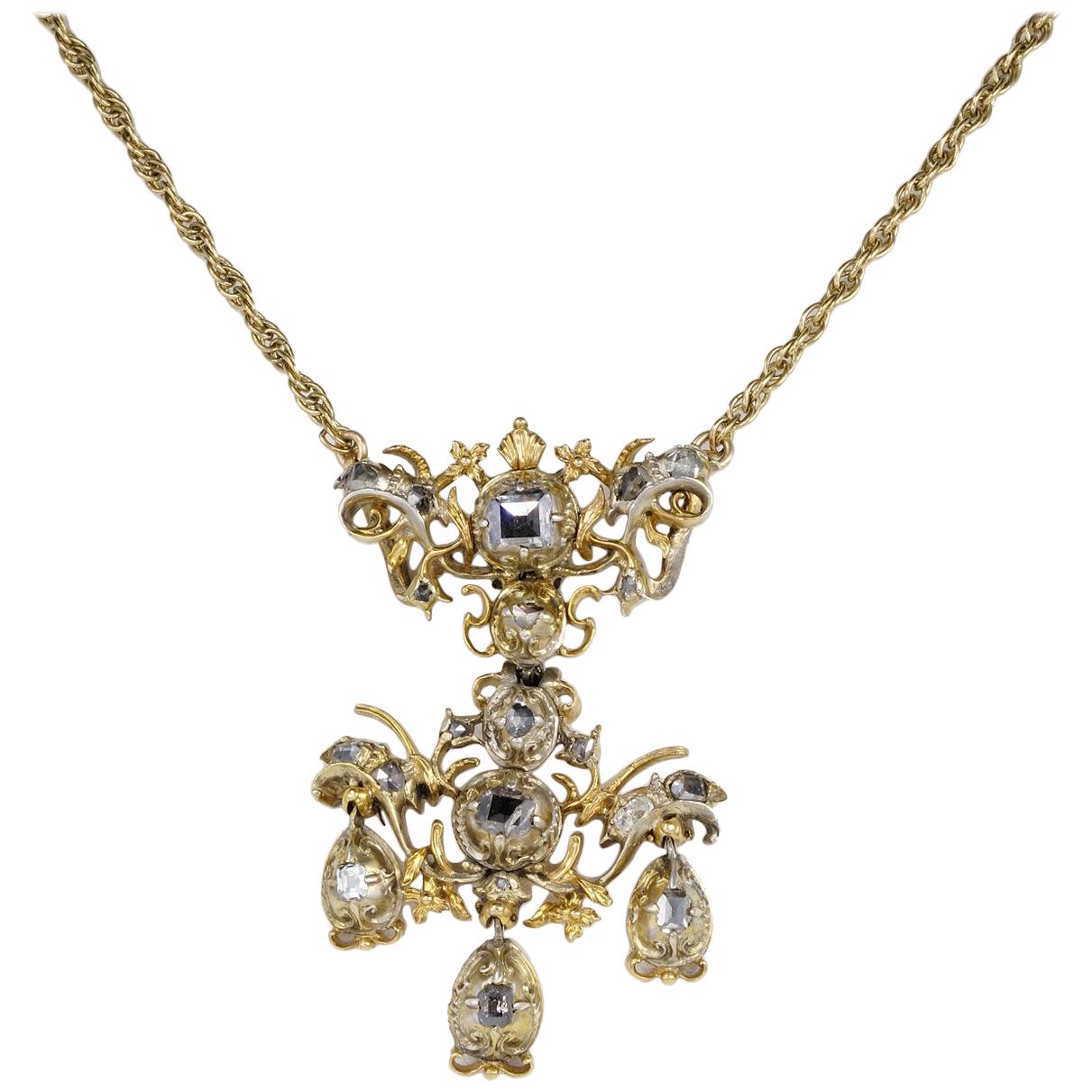 Spectacular Flaming Table Cut Diamond Stomacher Pendant Necklace For Sale