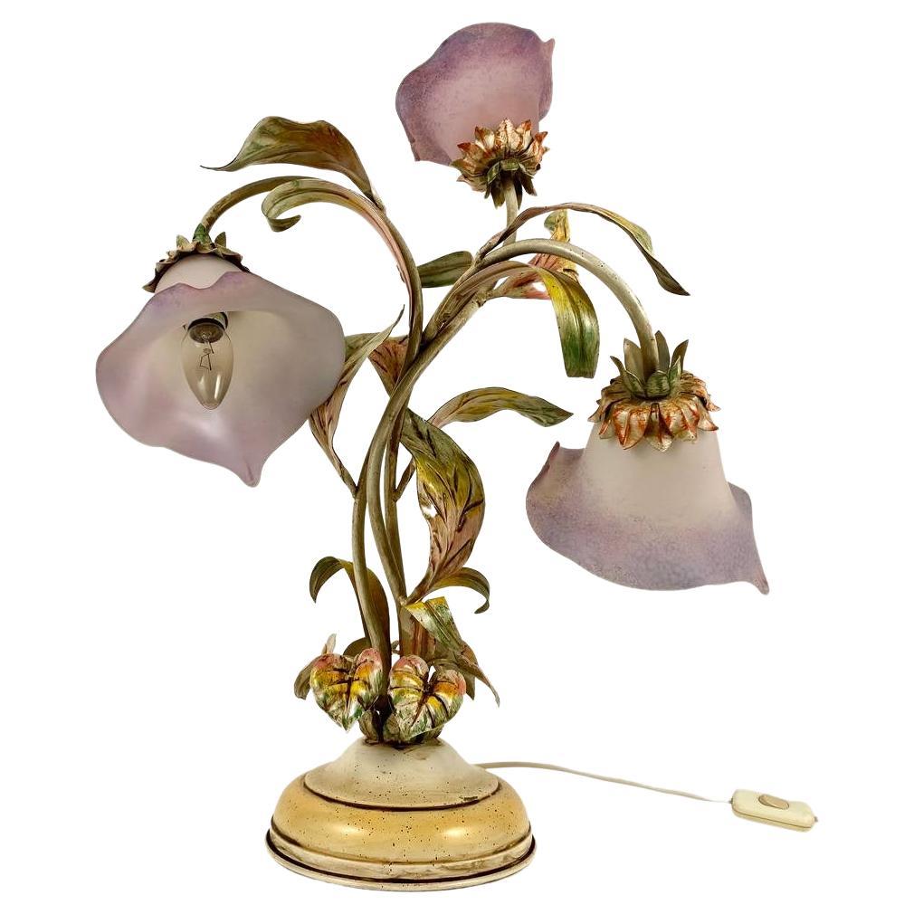 Spectacular Flower Shaped Table Lamp  Italian Vintage Glass, Metal Light