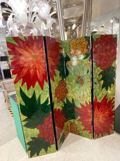 Spectacular Four Panel Hand-Painted Lacquer Screen