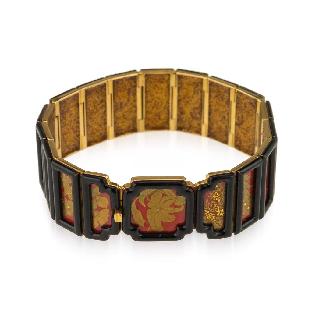 Women's Spectacular French 18 Karat Gold and Japanese Lacquer Bracelet For Sale