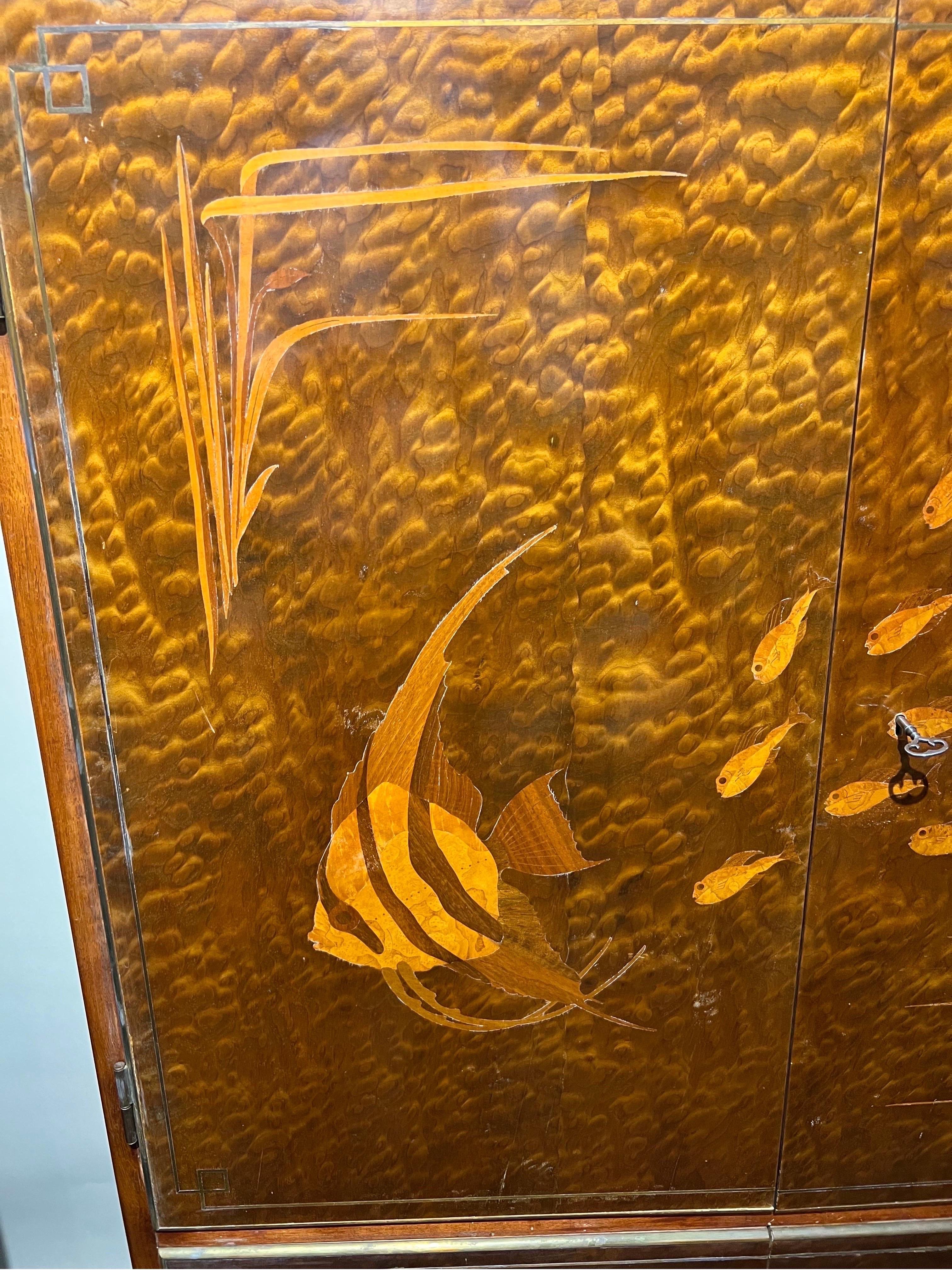 Spectacular French Art Deco Brass Mounted Fish Inlaid Bar Cabinet with Drawers In Good Condition For Sale In Charleston, SC