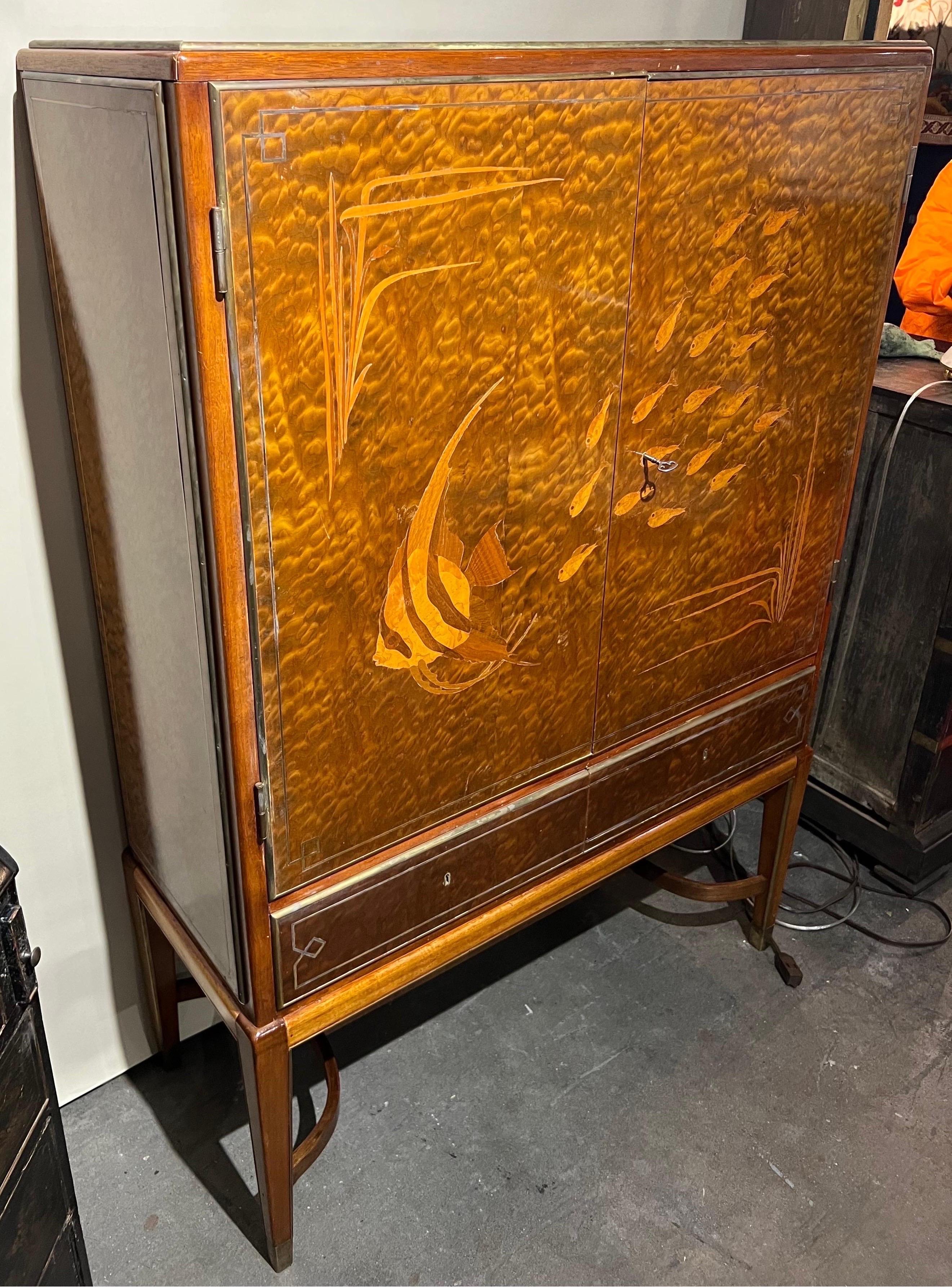 Spectacular French Art Deco Brass Mounted Fish Inlaid Bar Cabinet with Drawers For Sale 1