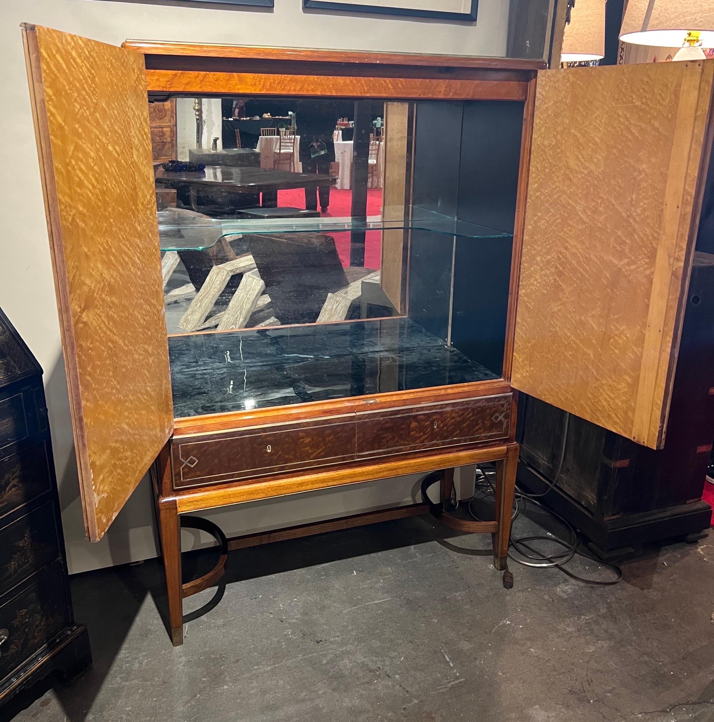 Spectacular French Art Deco Brass Mounted Fish Inlaid Bar Cabinet with Drawers For Sale 2