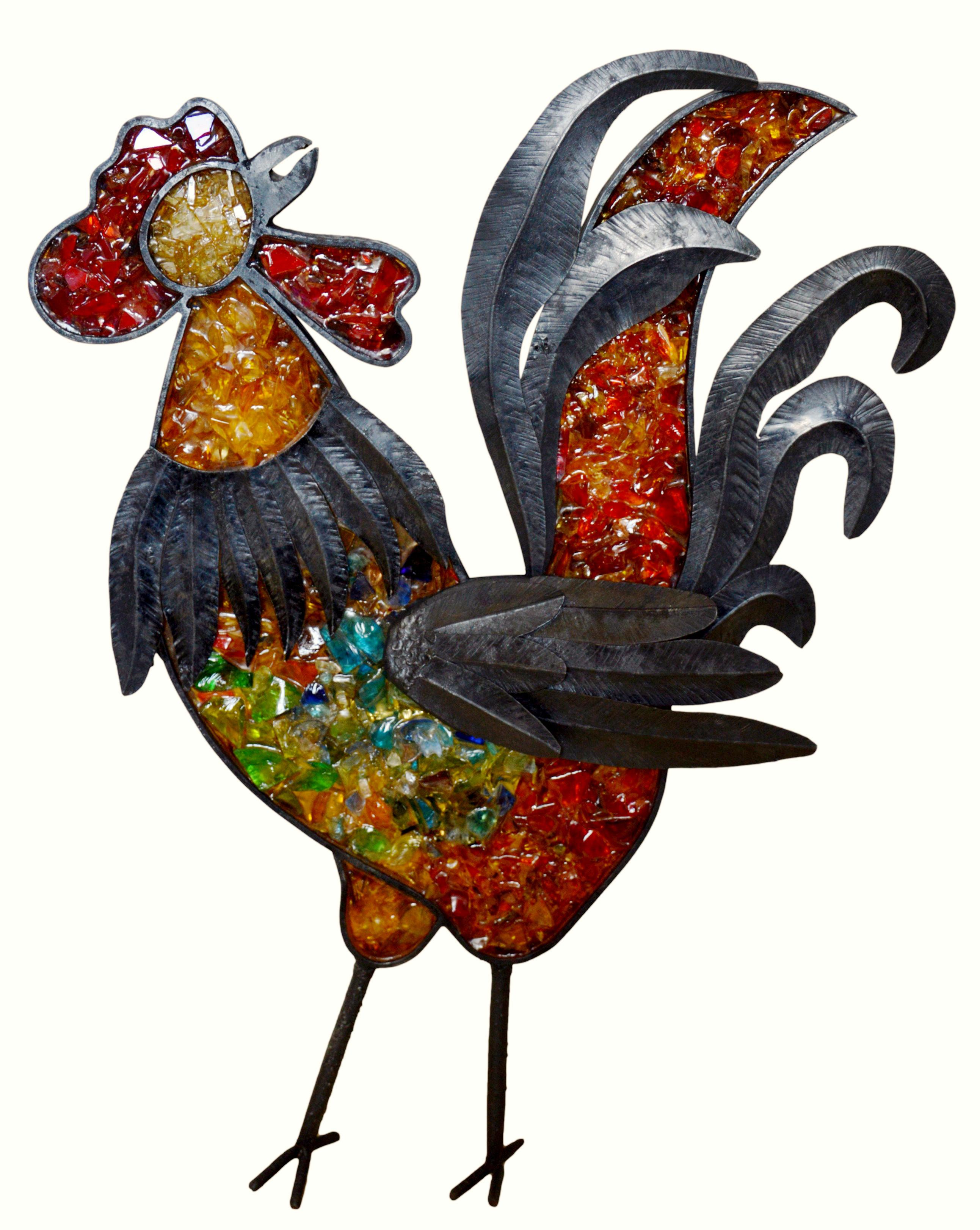Spectacular wall light in glass mosaic, resin and wrought iron, France, ca.1970. Rooster. Large and very decorative. Height : 34.25