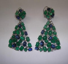 Spectacular Gianni Lazzaro Emerald Sapphire Diamond White 18k Gold Drop Earrings