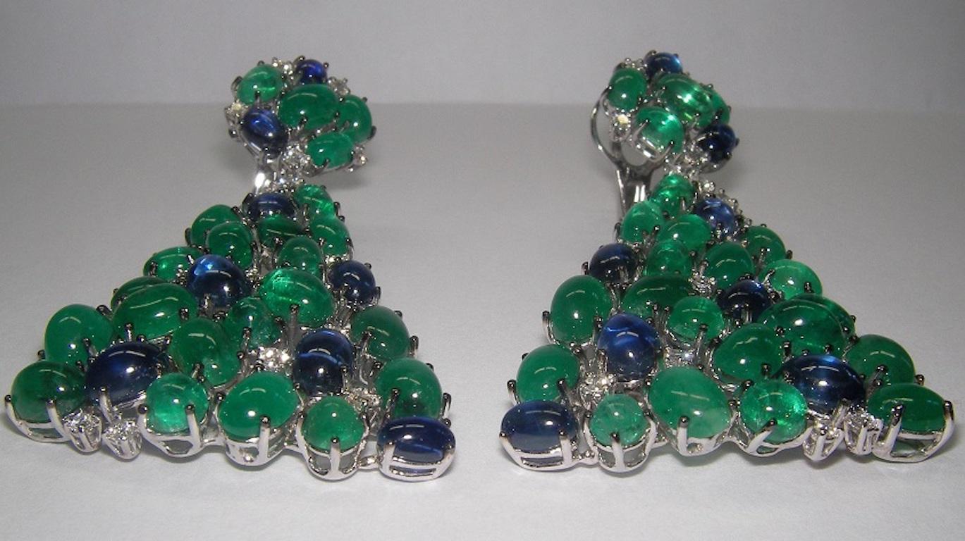 Modern Spectacular Gianni Lazzaro Emerald Sapphire Diamond White 18k Gold Drop Earrings For Sale
