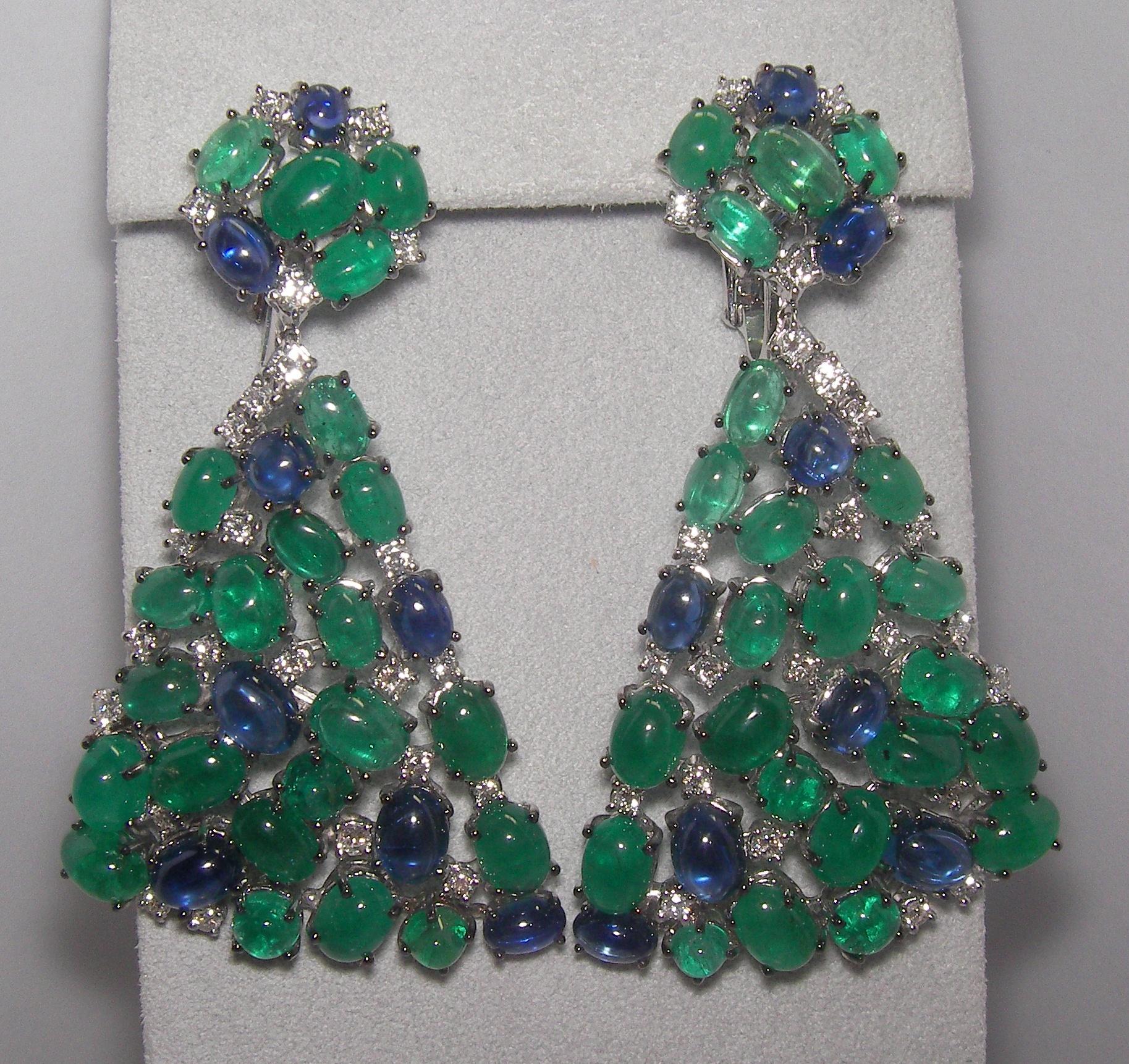 Spectacular Gianni Lazzaro Emerald Sapphire Diamond White 18k Gold Drop Earrings In New Condition For Sale In Montreux, CH