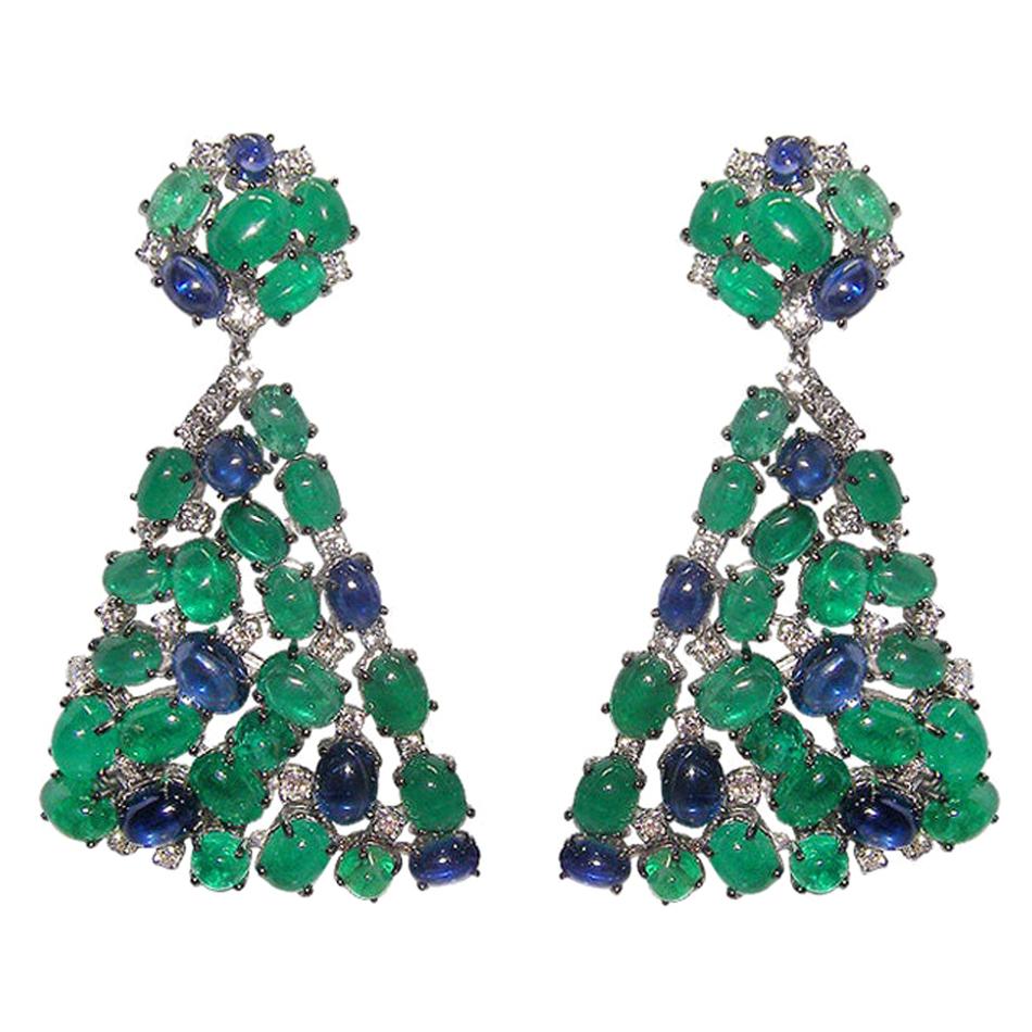 Spectacular Gianni Lazzaro Emerald Sapphire Diamond White 18k Gold Drop Earrings For Sale
