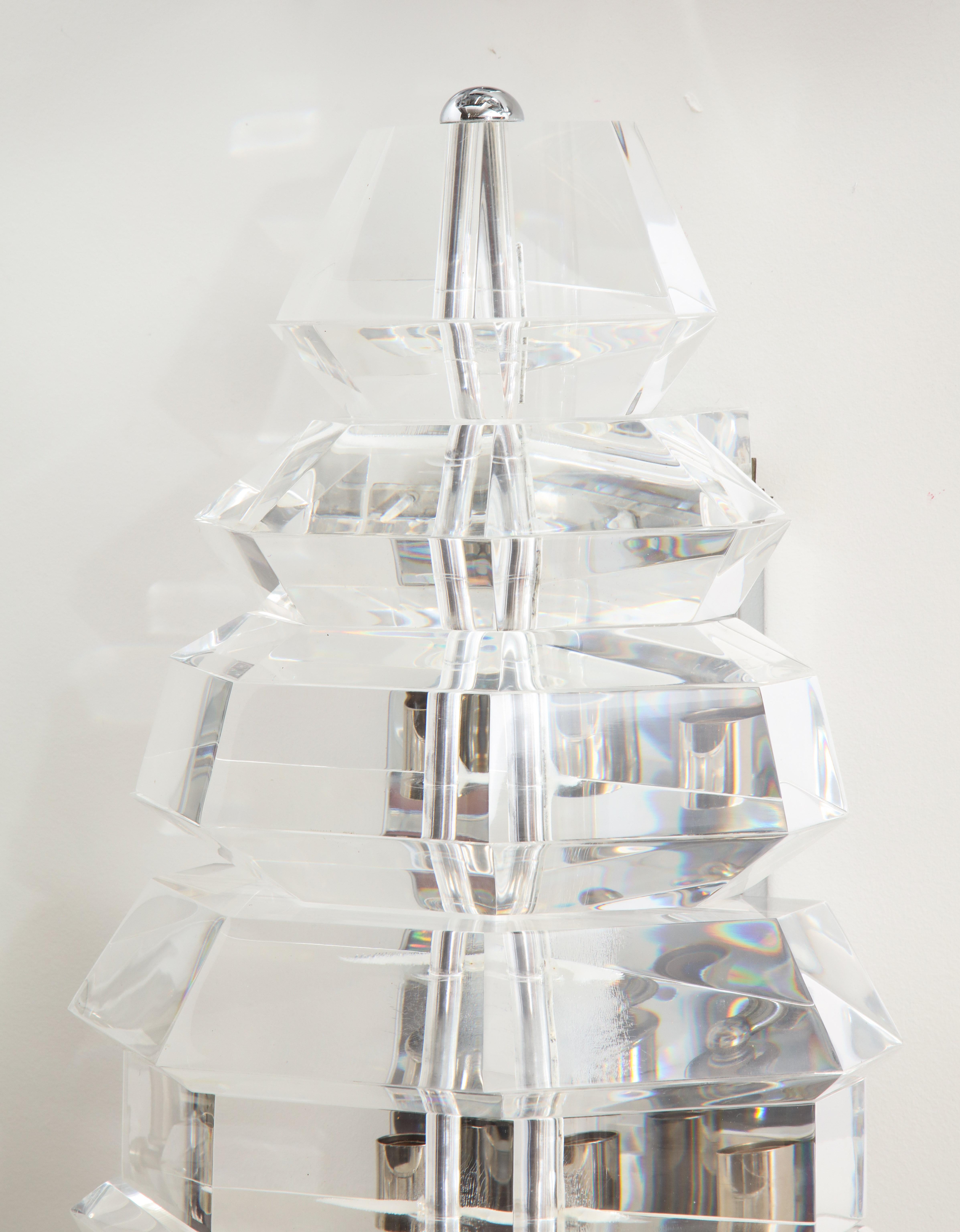 Late 20th Century Monumental Pair of Faceted Lucite Sconces  For Sale