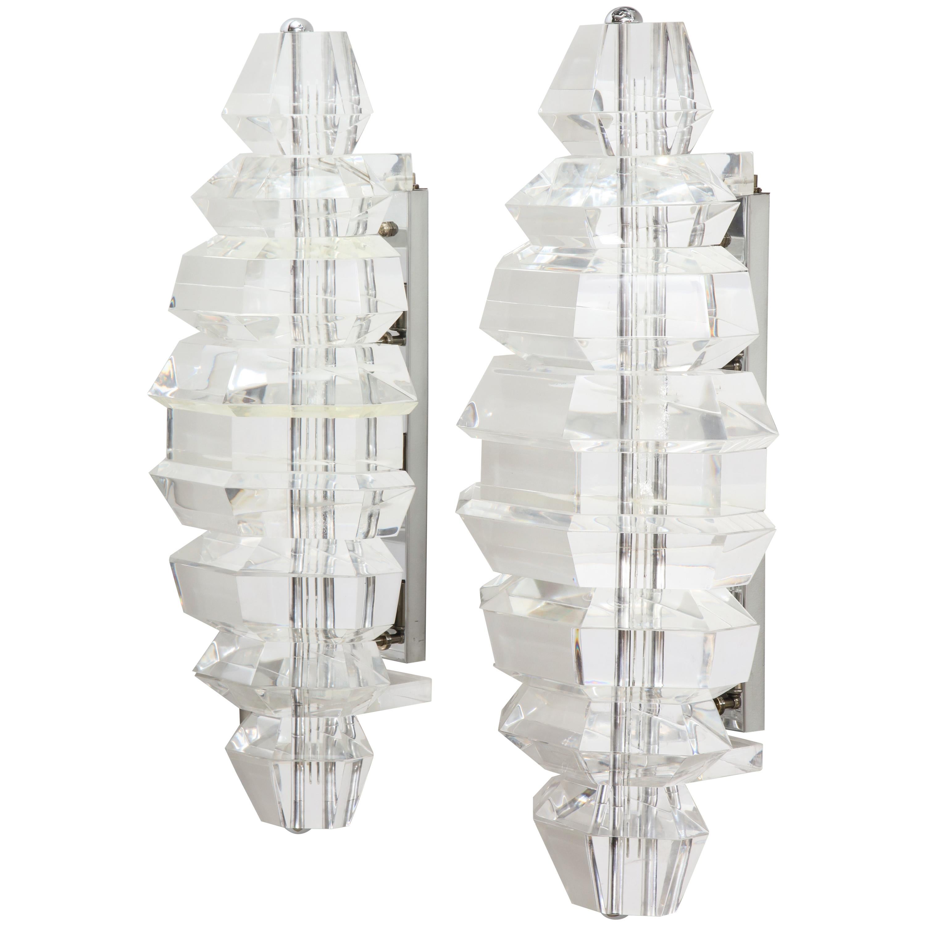 Monumental Pair of Faceted Lucite Sconces  For Sale