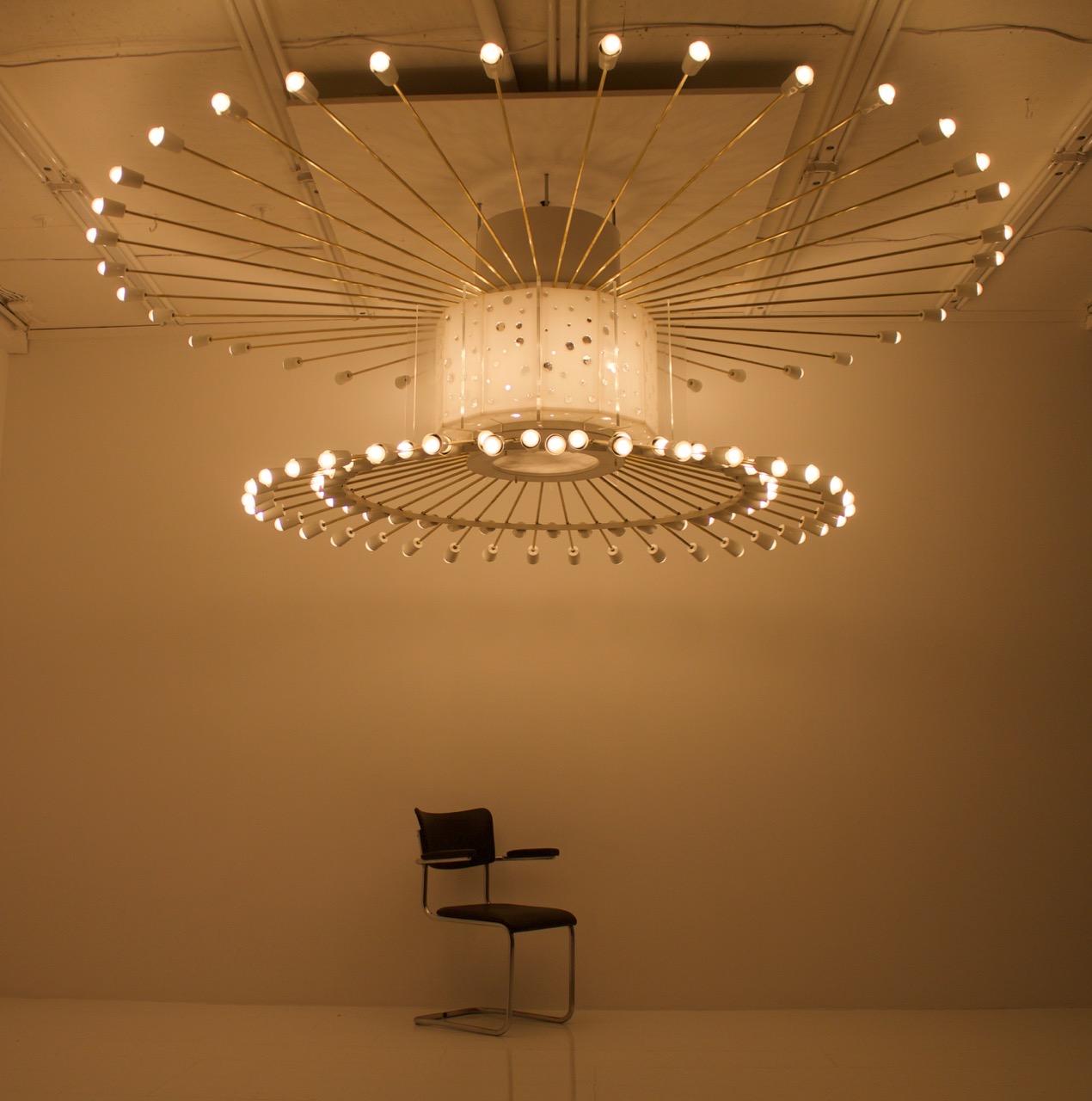 Extraordinary and very large impressive “Sputnik ceiling lamp” from the 1950s. 
Built to order for a large ballroom in Frankfurt, Germany.
132 sockets for E27 light bulbs. 108 light bulbs are used in the sockets on the rings, 24 light bulbs in the