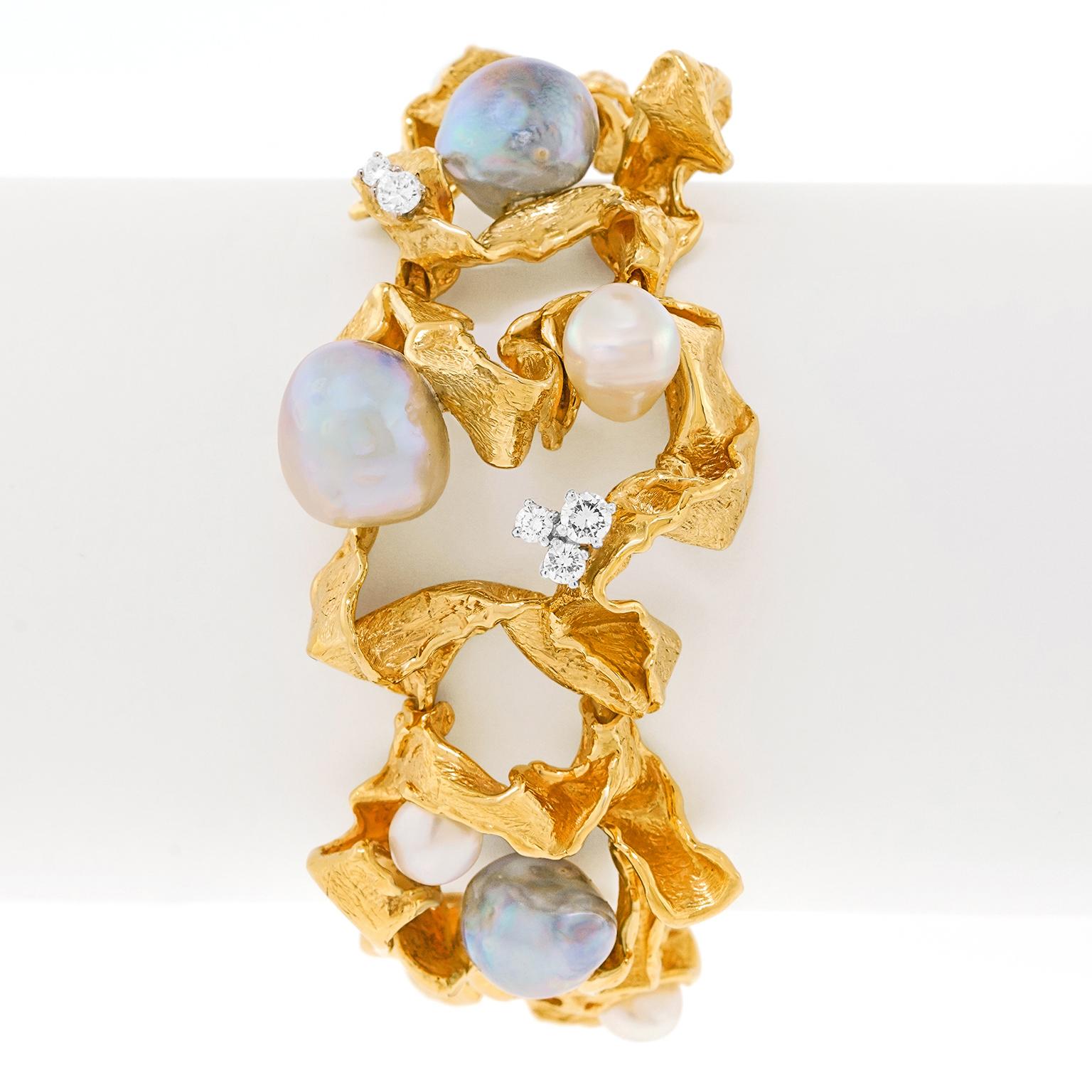 Round Cut Spectacular Gilbert Albert Pearl and Diamond Bracelet