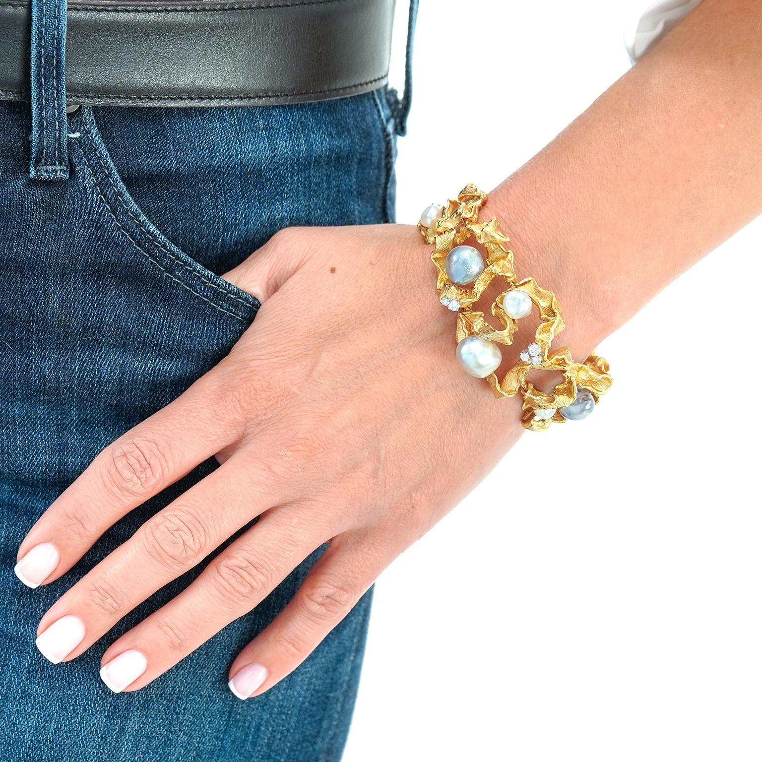 Spectacular Gilbert Albert Pearl and Diamond Bracelet In Excellent Condition In Litchfield, CT
