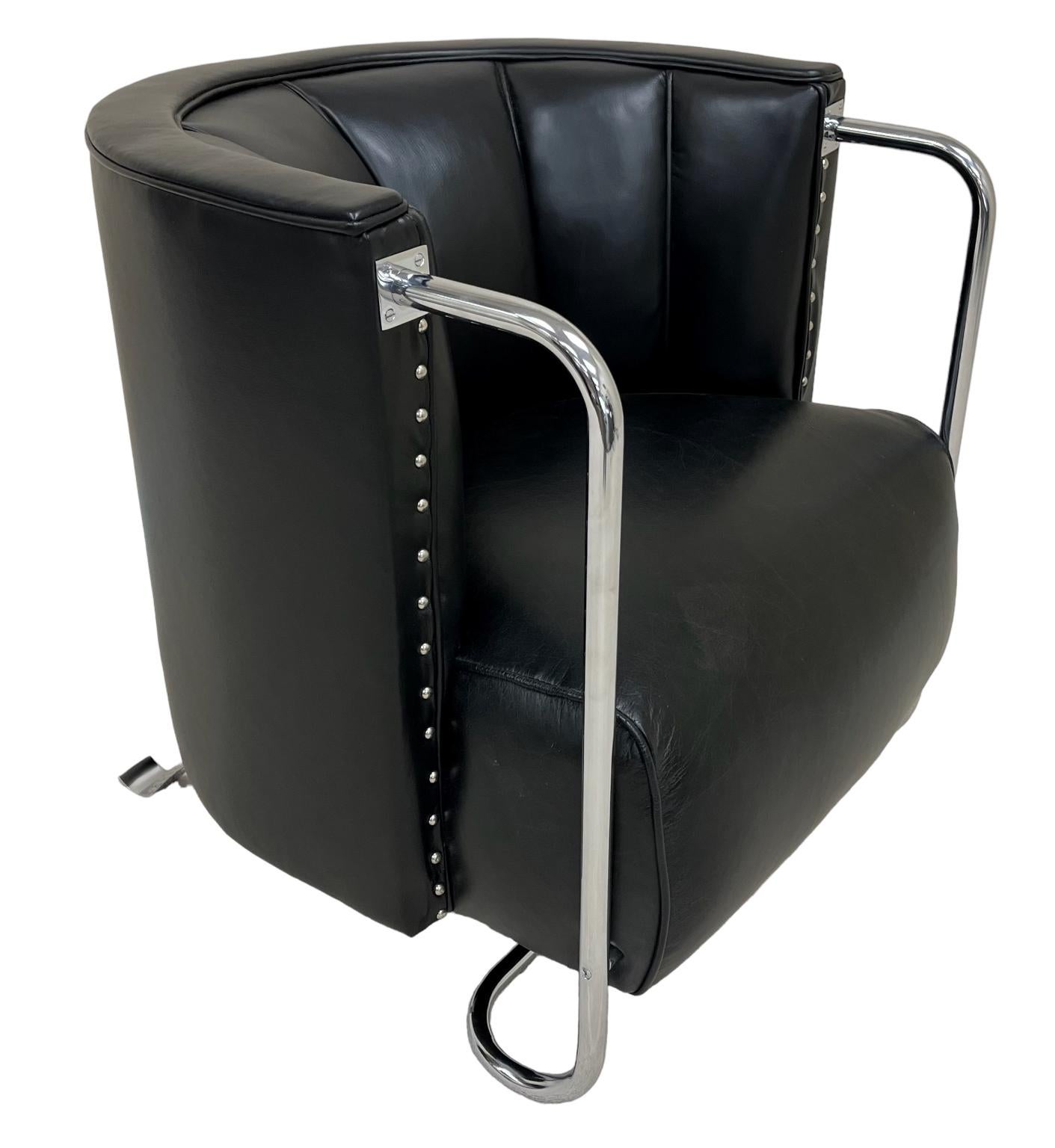 Rare Gilbert Rohde Chair for the Troy Sunshade Company. The simple design was from the Troy Sunshade living room collection of Modern Interiors. Beautifully reupholstered in a soft black leather with stunning new chrome plating. An example of the