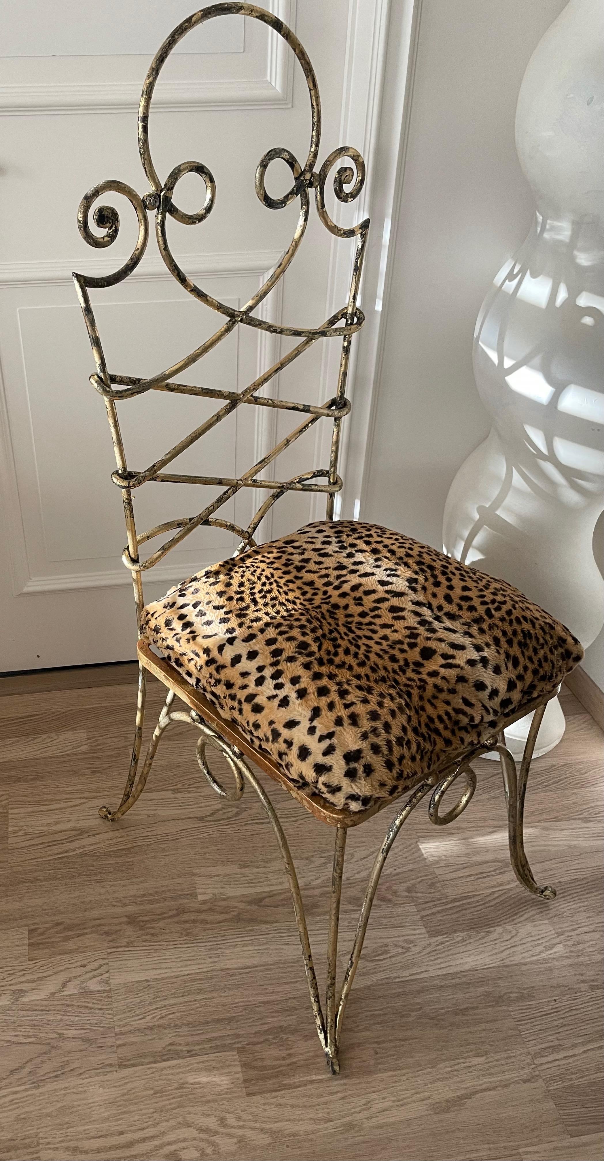 Mid-Century Modern Spectacular Gilt Wrought Iron High Back Chair by René Drouet, France 1945. For Sale