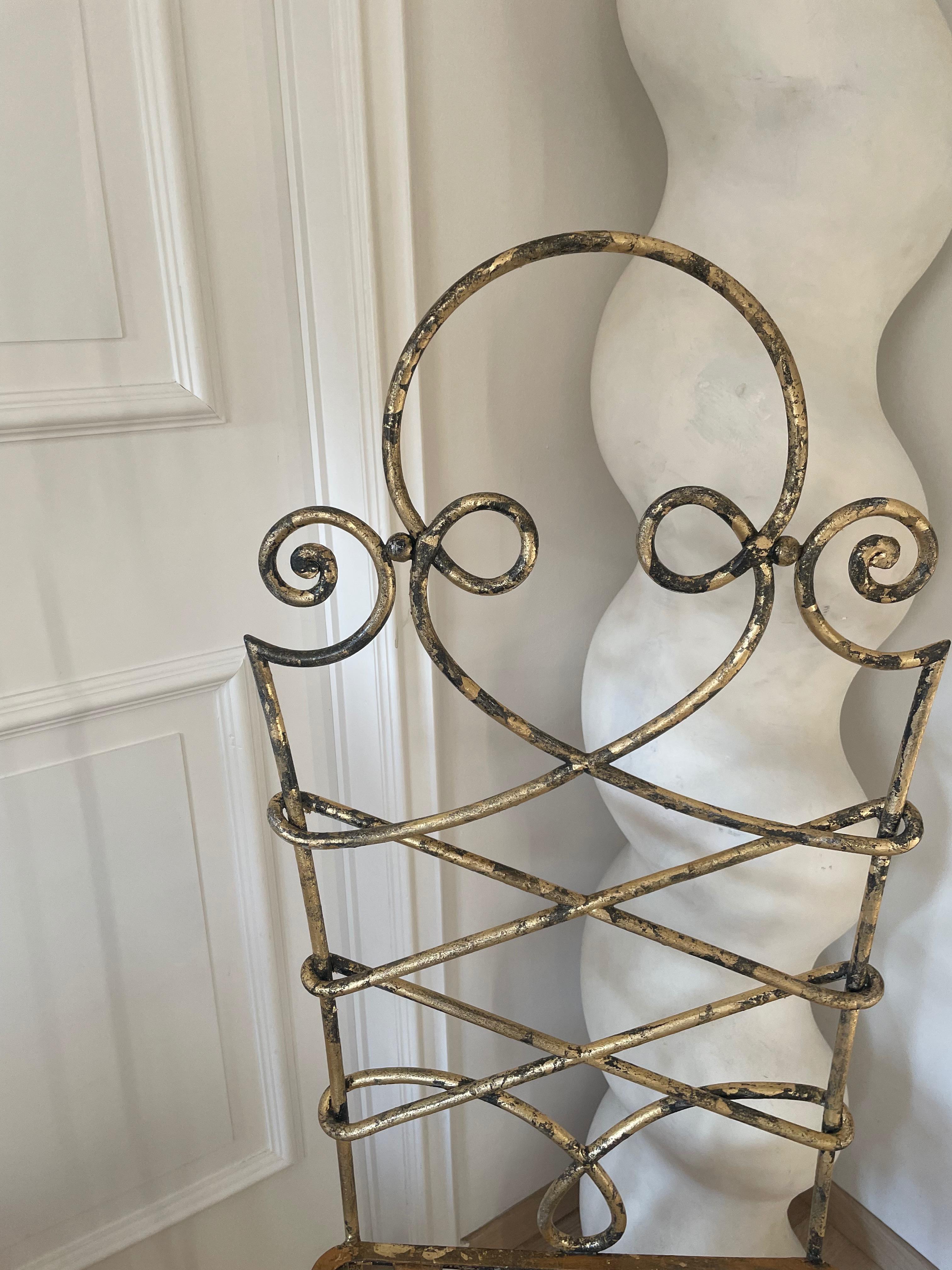French Spectacular Gilt Wrought Iron High Back Chair by René Drouet, France 1945. For Sale