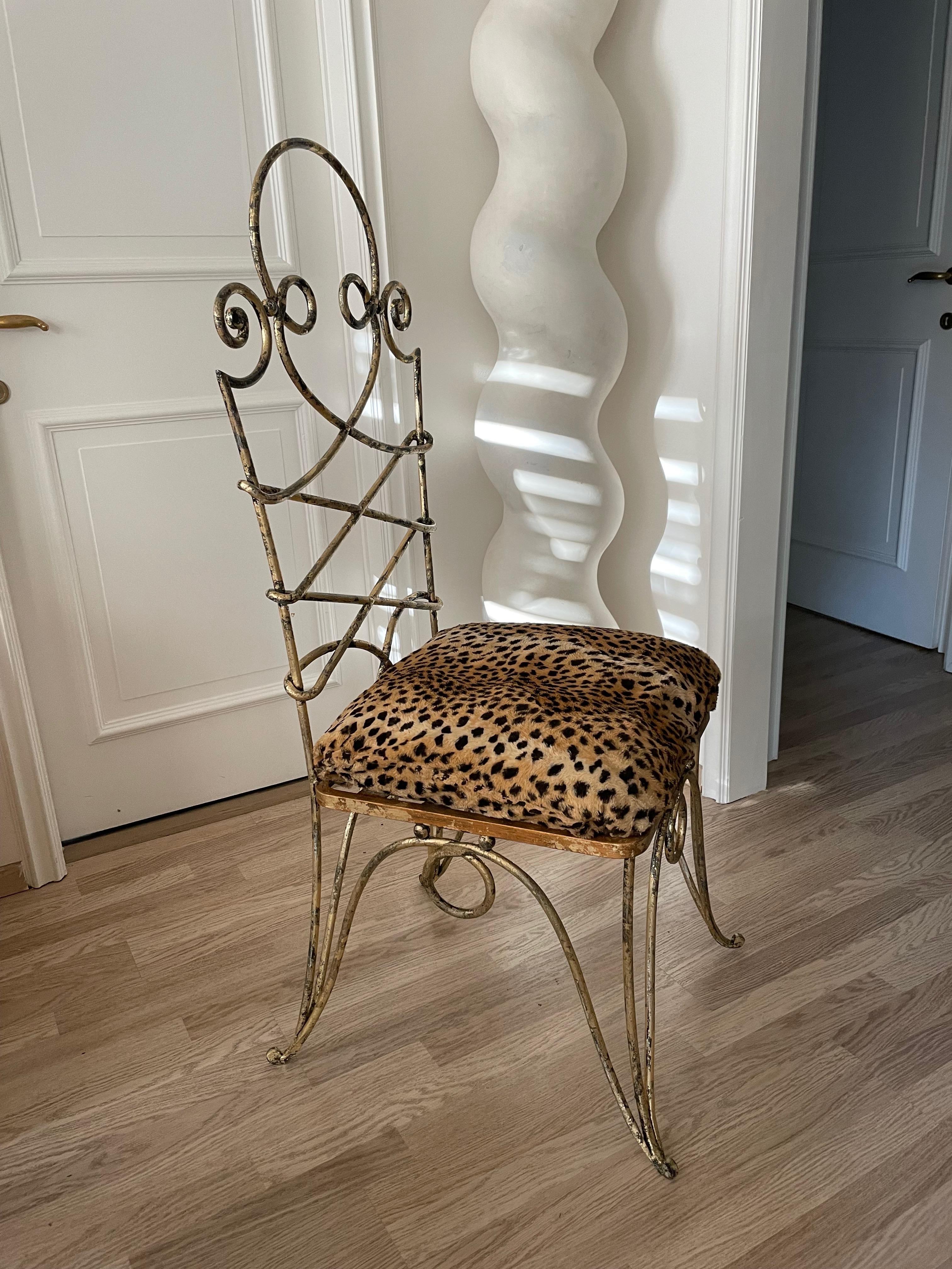 Mid-20th Century Spectacular Gilt Wrought Iron High Back Chair by René Drouet, France 1945. For Sale