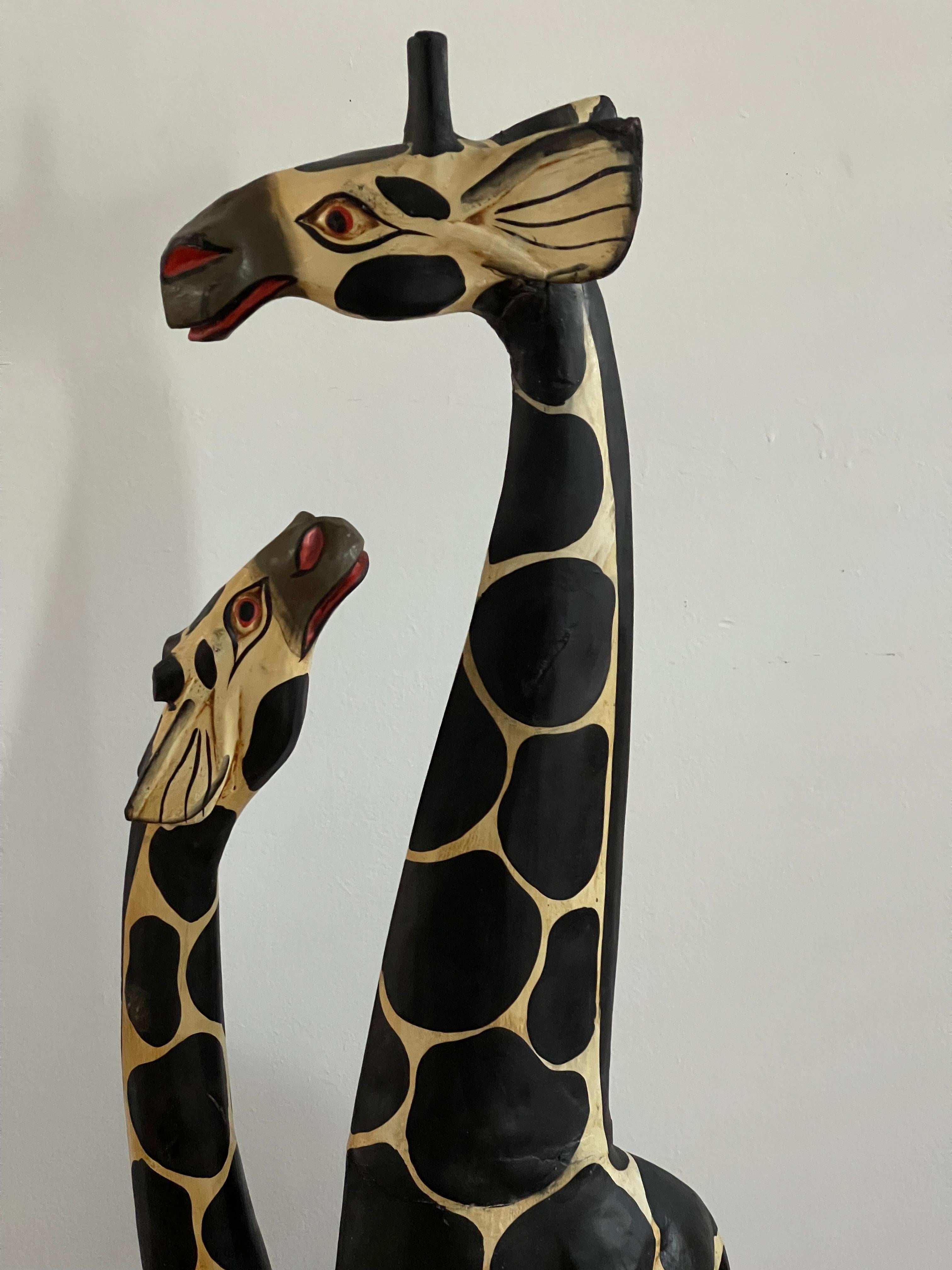 Spectacular Giraffe Couple Handcarved Wood Sculpture For Sale 4