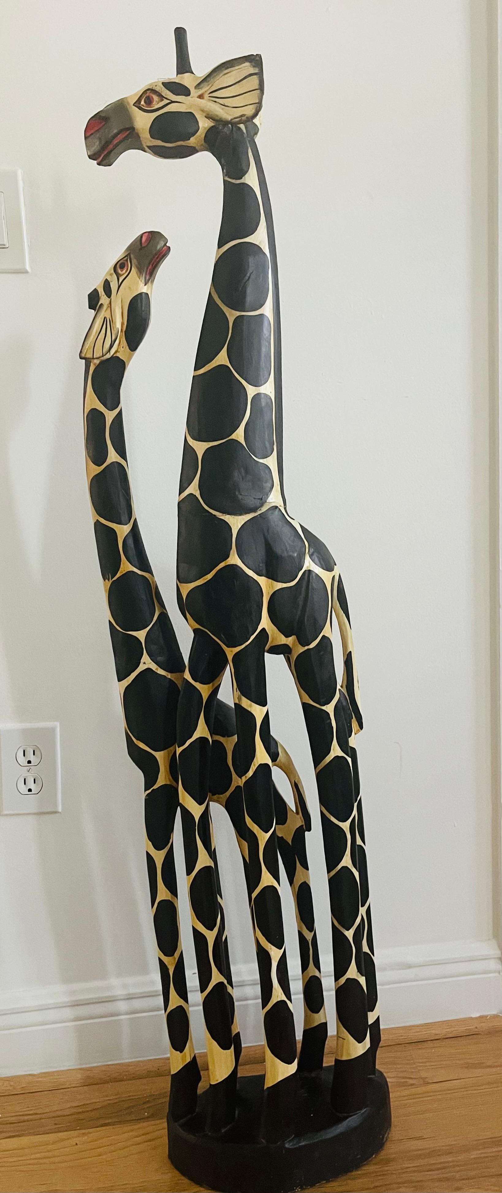 Spectacular Giraffe Couple Handcarved Wood Sculpture For Sale 5