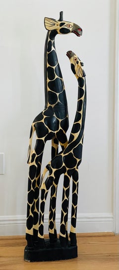 Spectacular Giraffe Couple Handcarved Wood Sculpture