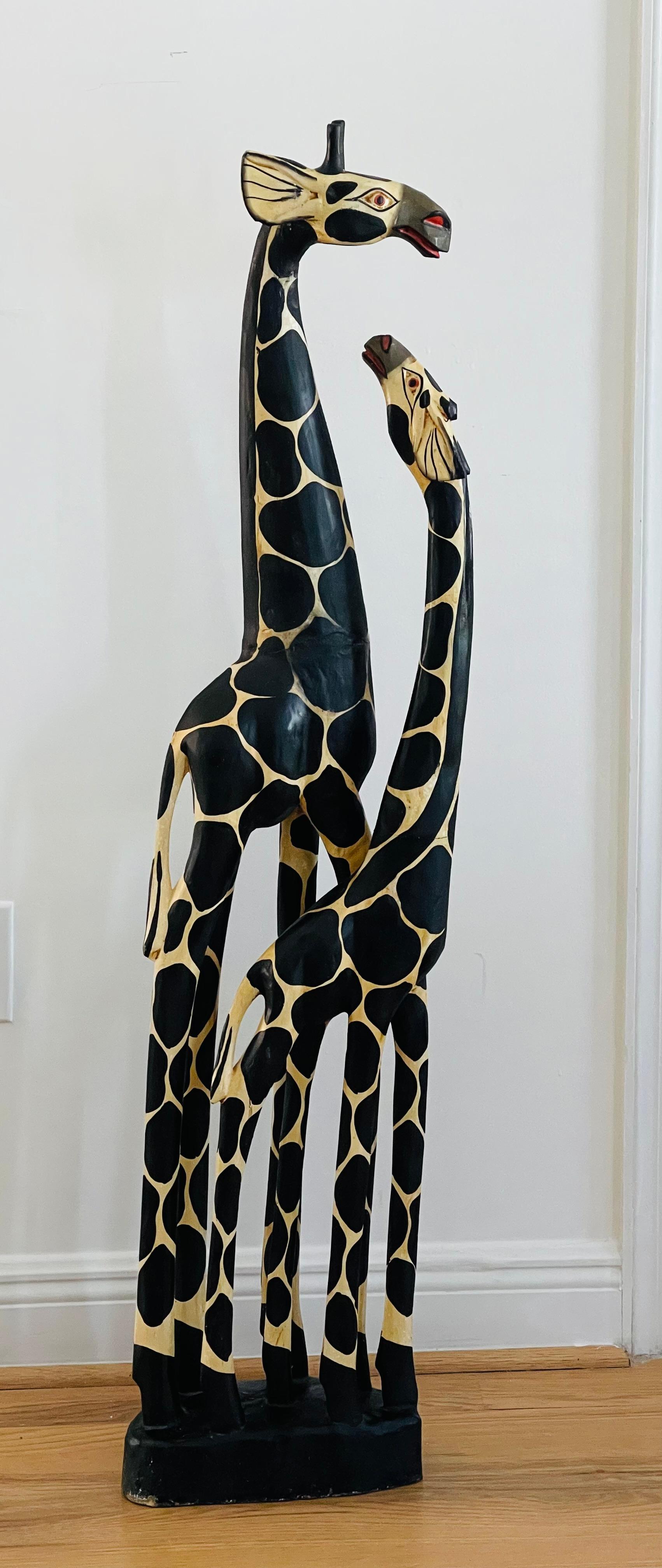 Organic Modern Spectacular Giraffe Couple Handcarved Wood Sculpture For Sale