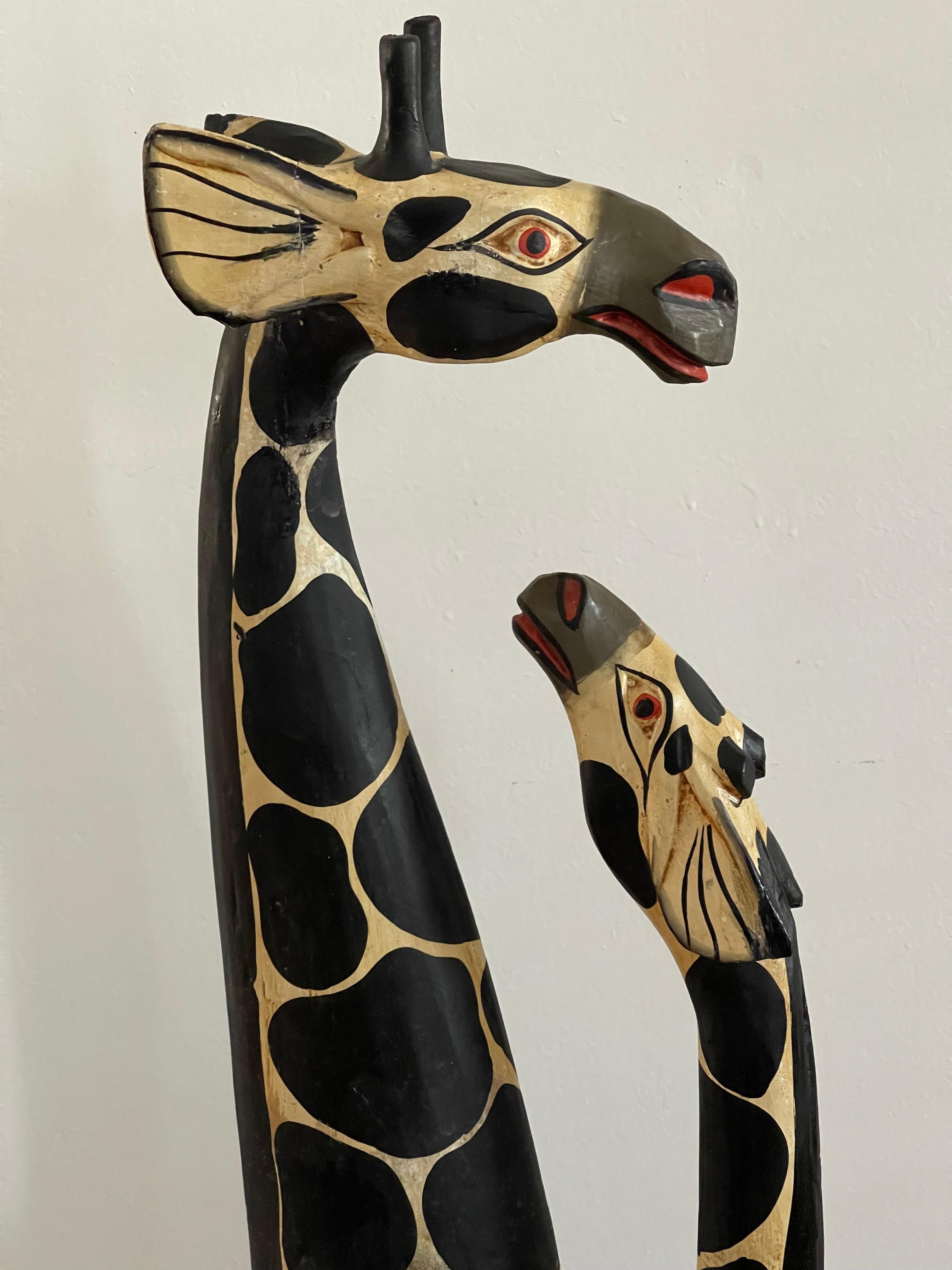 Unknown Spectacular Giraffe Couple Handcarved Wood Sculpture For Sale