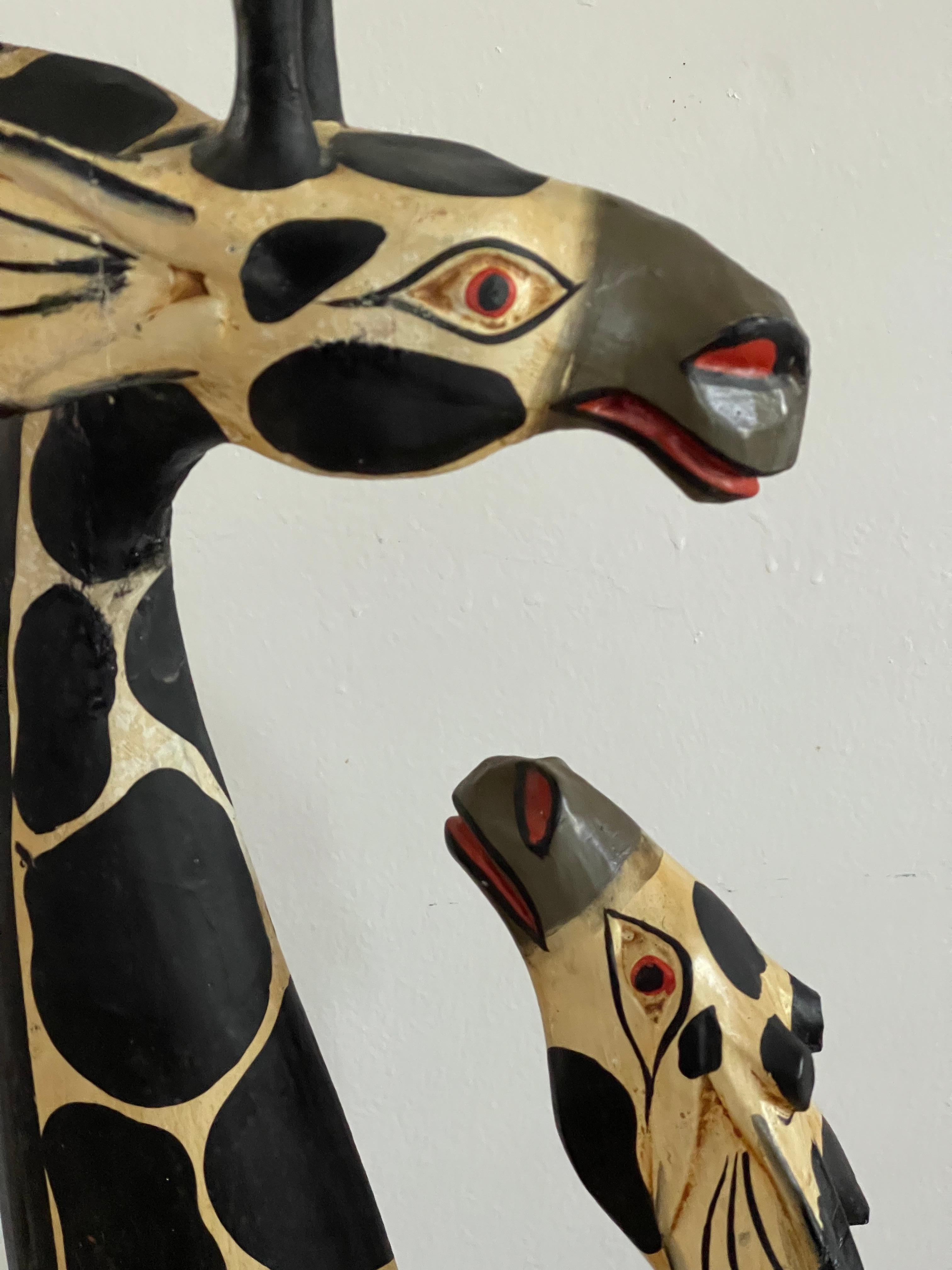 Spectacular Giraffe Couple Handcarved Wood Sculpture In Good Condition For Sale In Boca Raton, FL