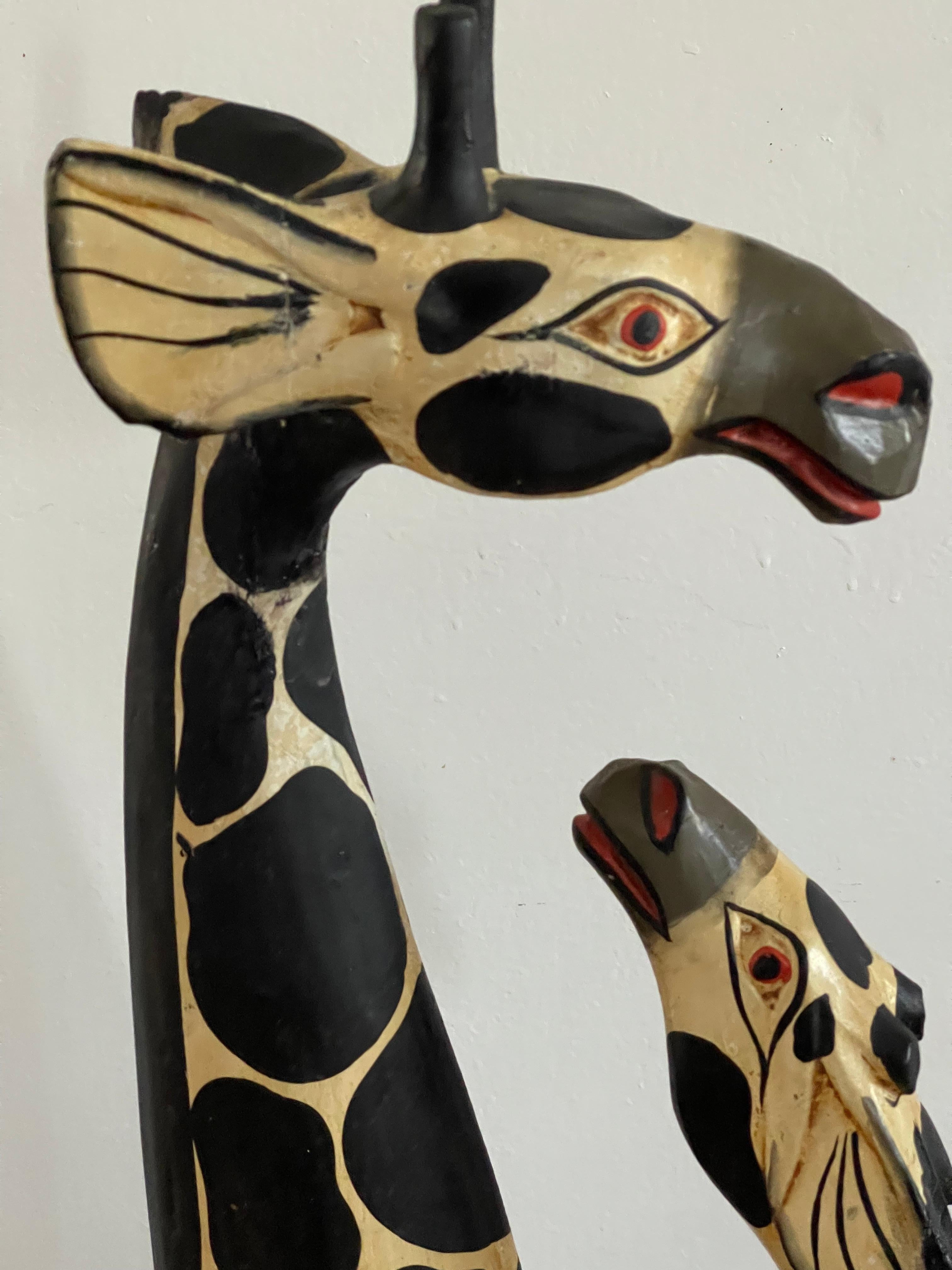 Mid-20th Century Spectacular Giraffe Couple Handcarved Wood Sculpture For Sale