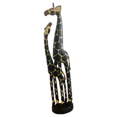 Spectacular Giraffe Couple Handcarved Wood Sculpture