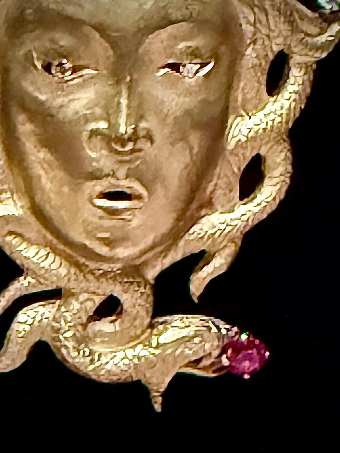 Contemporary Spectacular gold, ruby and diamond Medusa pendant For Sale