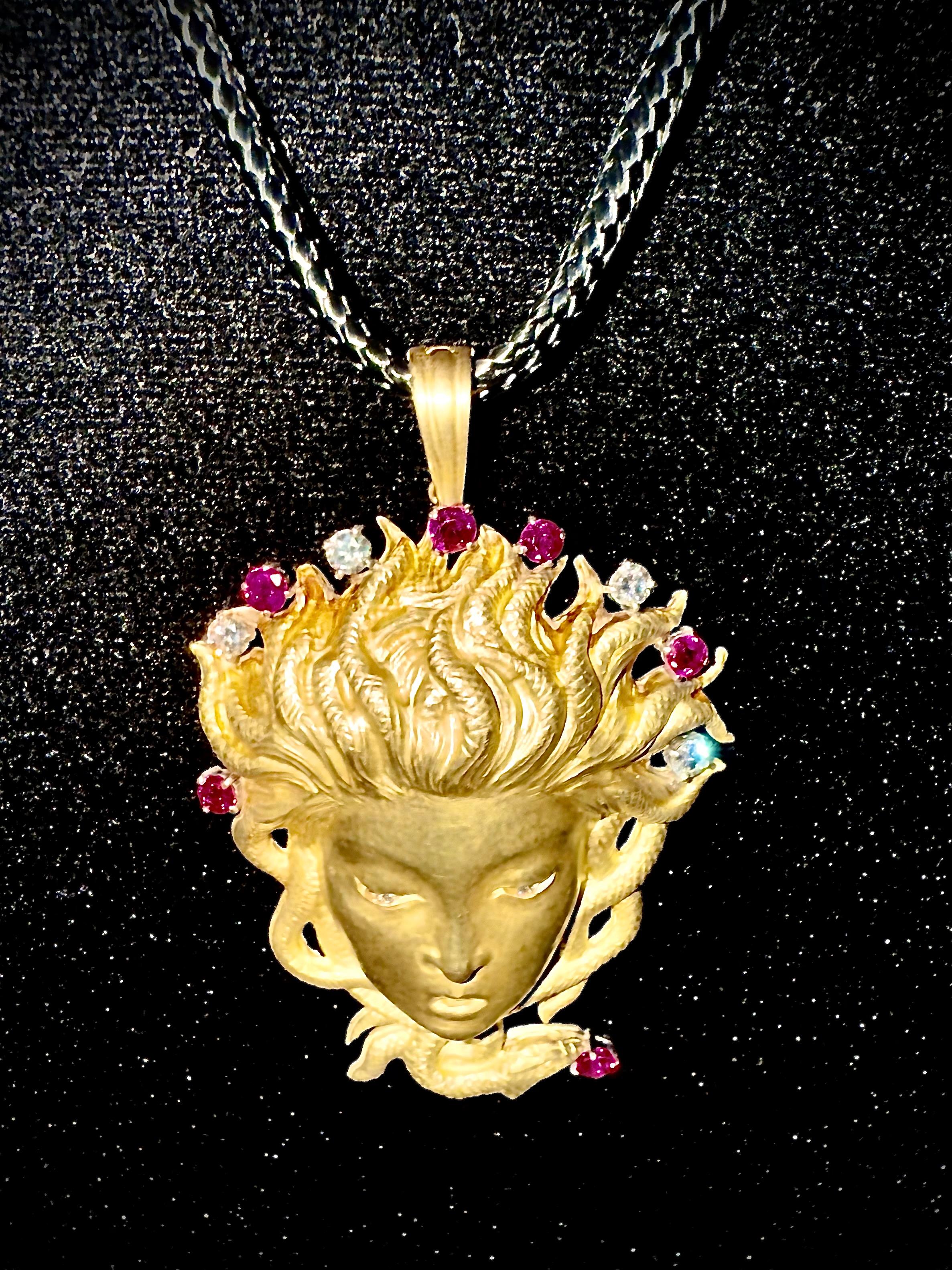 Brilliant Cut Spectacular gold, ruby and diamond Medusa pendant For Sale