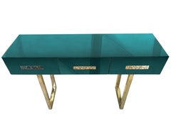 Spectacular Green Console with Murano Mirror Glass, Three Drawers and Brass Legs