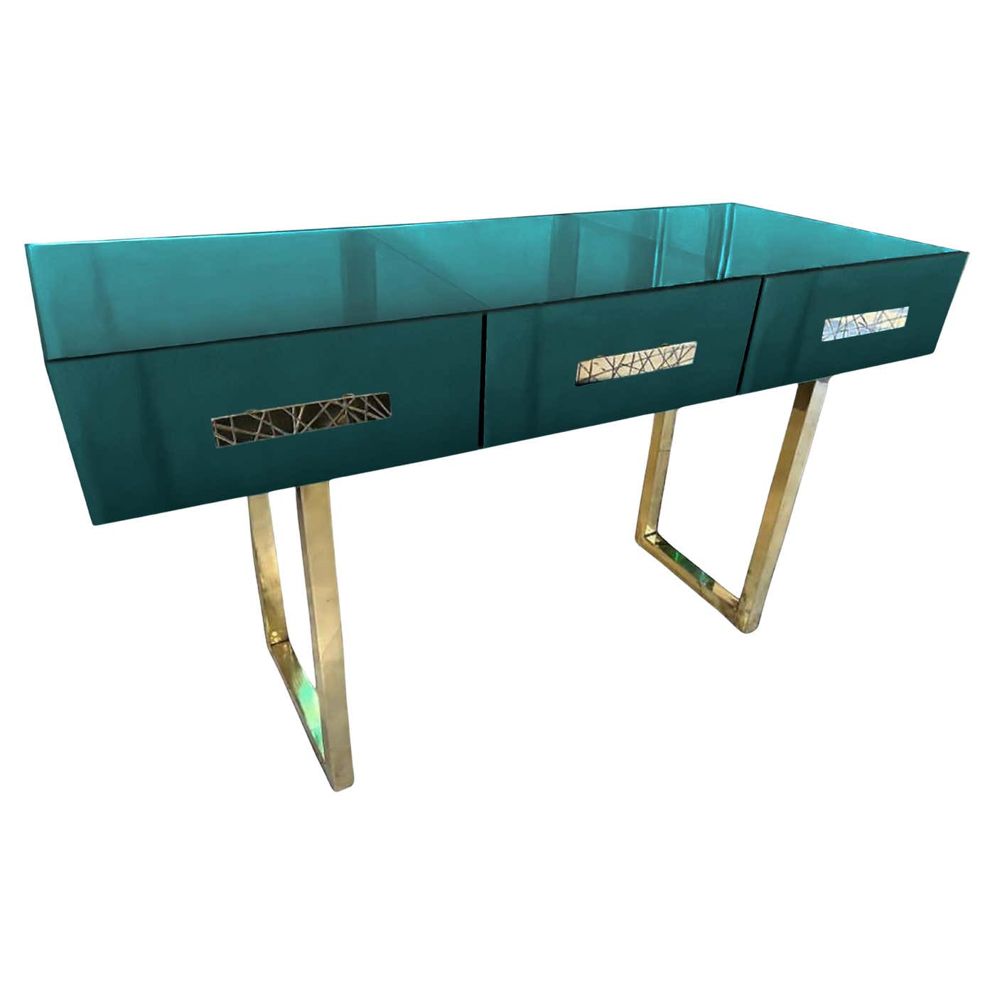 Spectacular Green Console with Murano Mirror Glass, Three Drawers and ...