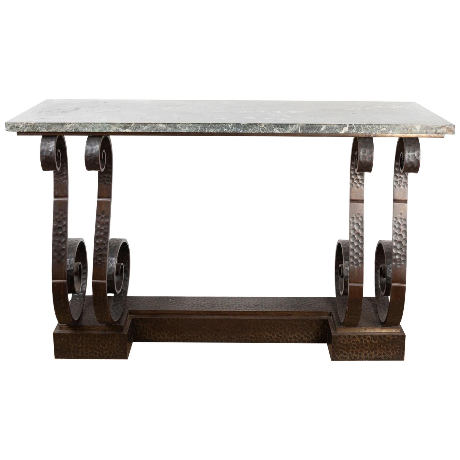 Spectacular Hammered Wroughtiron Art Deco Console Table, att  E. Brandt, France For Sale
