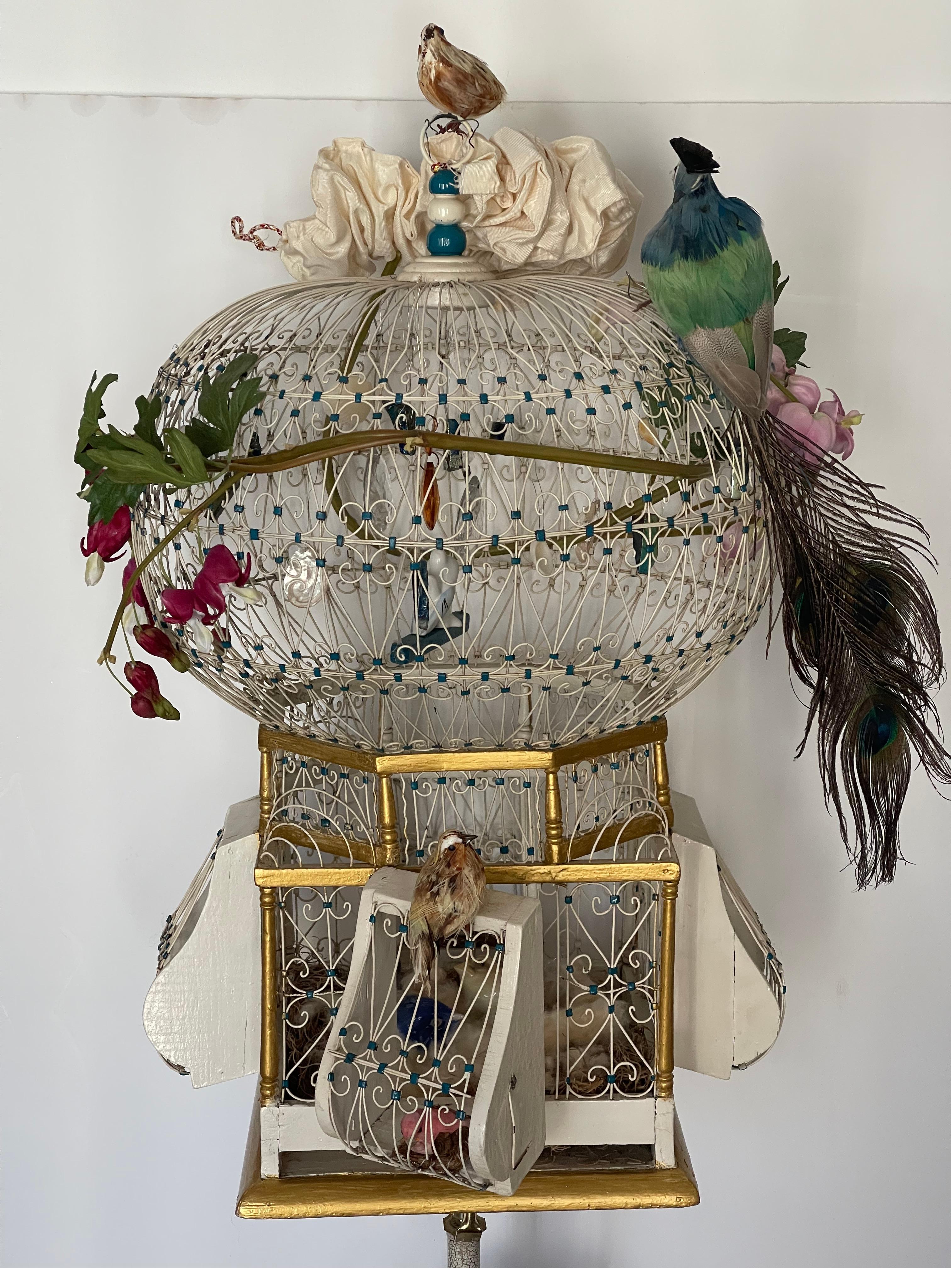 Spectacular Handcrafted Antique Wire Bird Cage Lamp For Sale 3